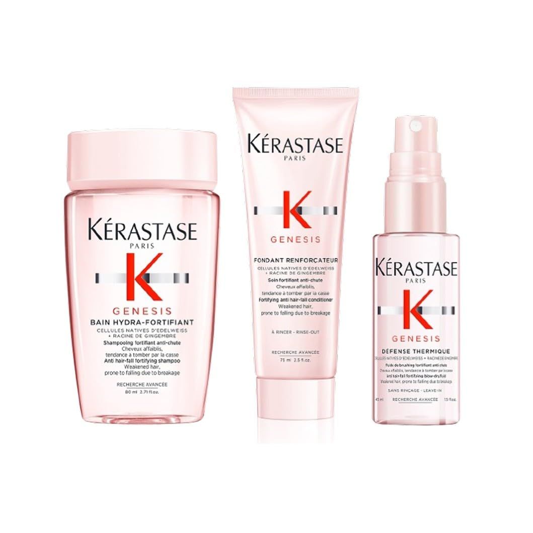 Kérastase Genesis Pflegeserie. Enthält Shampoo, Spülung und Hitzeschutzspray. Rosa Flaschen mit rotem K-Logo.