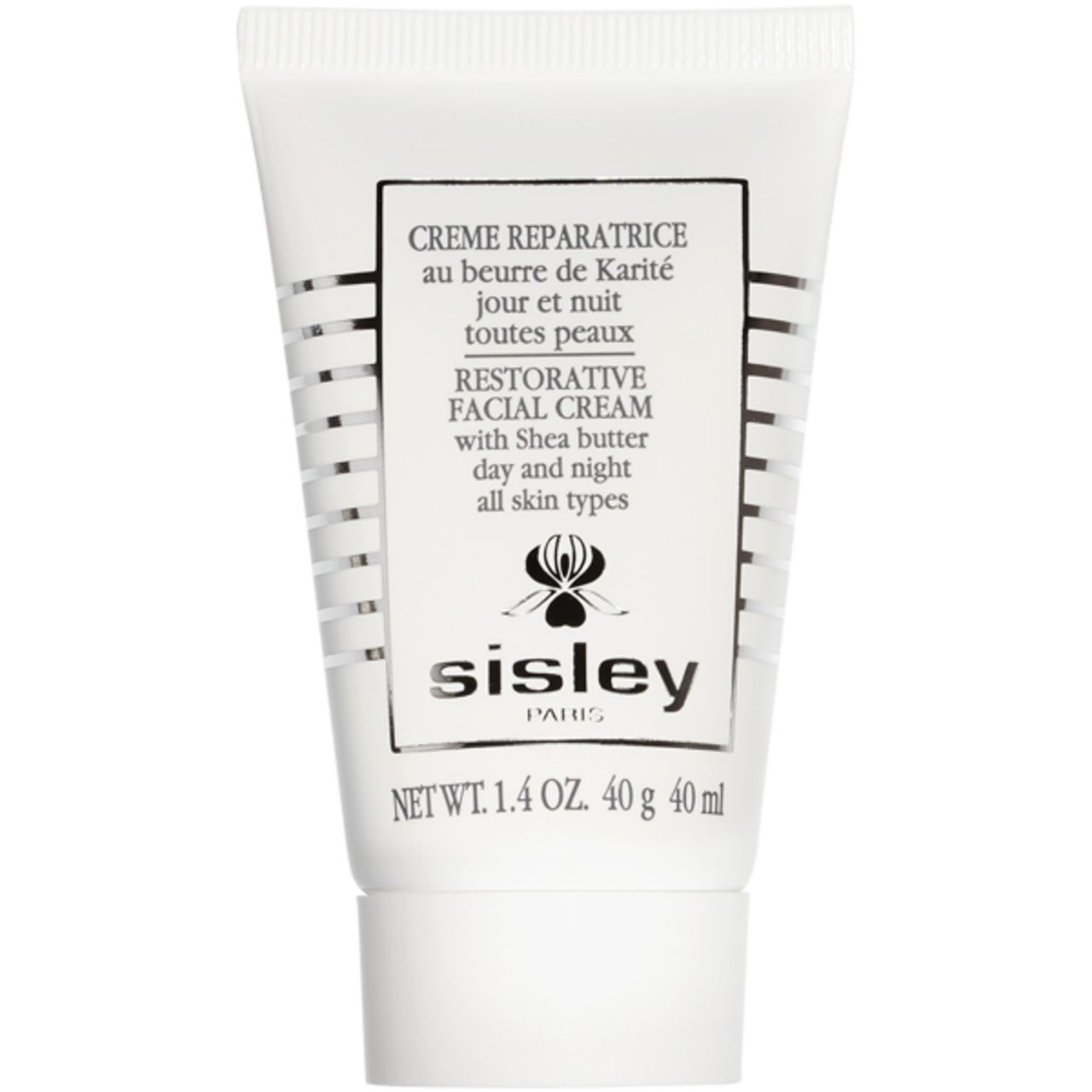 Weiße Tube mit Sisley Creme Reparatrice. Text: Restorative Facial Cream, Shea Butter, Tag und Nacht, alle Hauttypen. 40g.