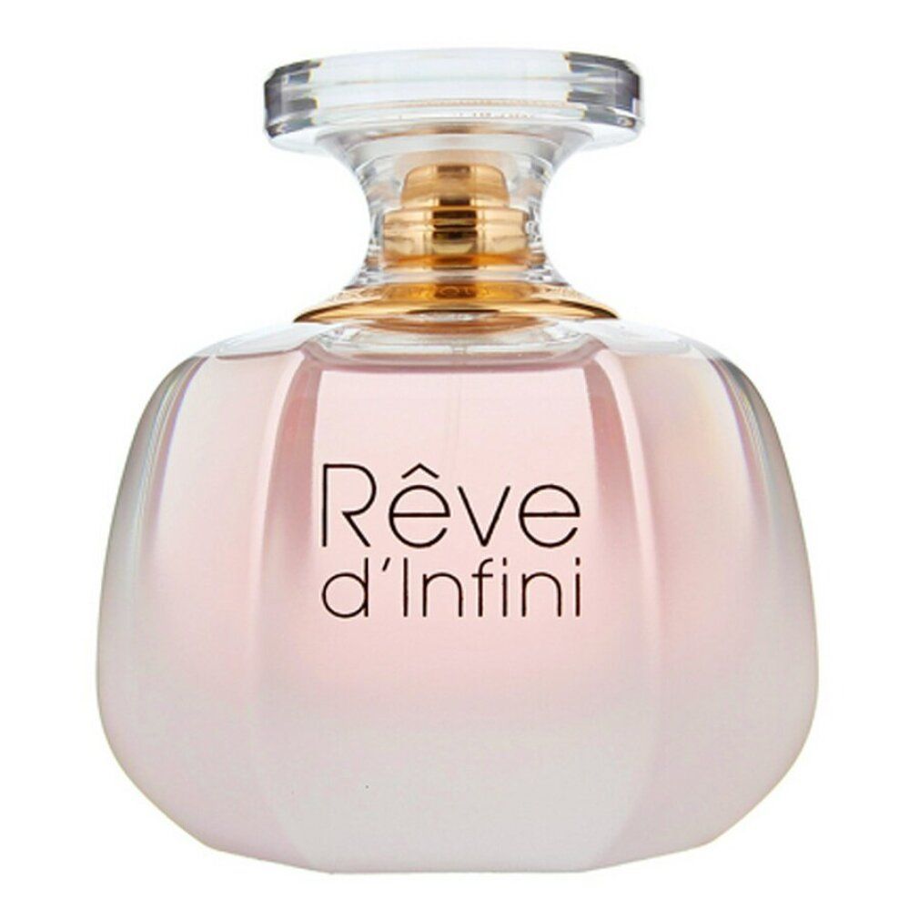 Parfümflasche. Runde Form, rosa Farbverlauf. Goldfarbener Verschluss. Schriftzug 'Rêve d'Infini'.