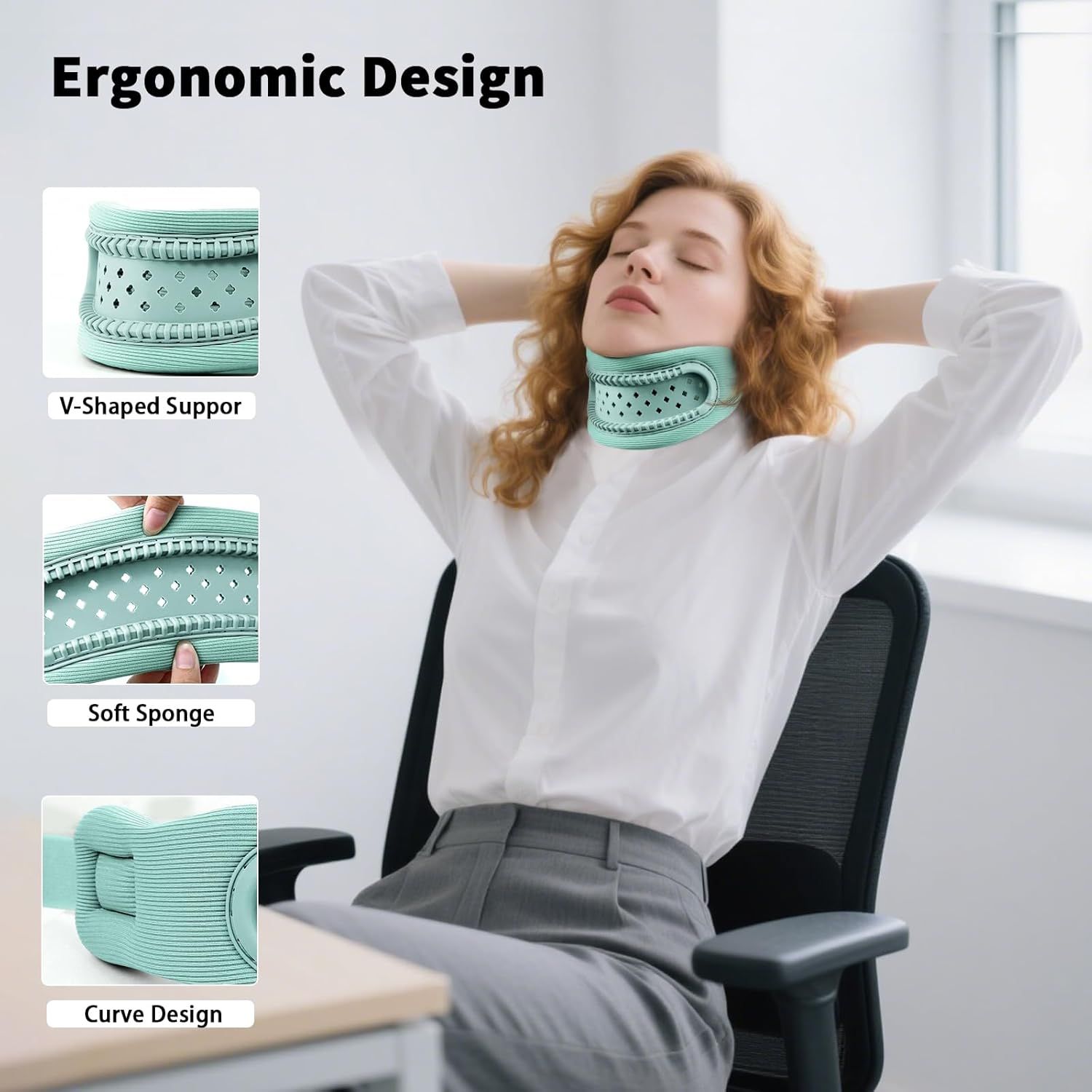 Frau mit Halsstütze, ergonomisches Design. Nahaufnahmen: V-Form, weicher Schwamm, gebogenes Design. Frau sitzt im Bürostuhl.