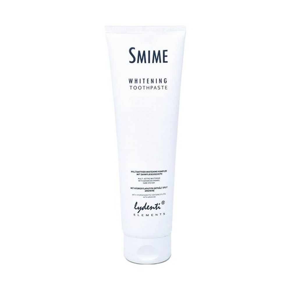 Weiße Tube SMIME Whitening Zahnpasta. Text: Multaktiver Whitening Komplex, mit Zahnfleischschutz, mit Hydroxylapatit, Arginin. LyDenti Elements.
