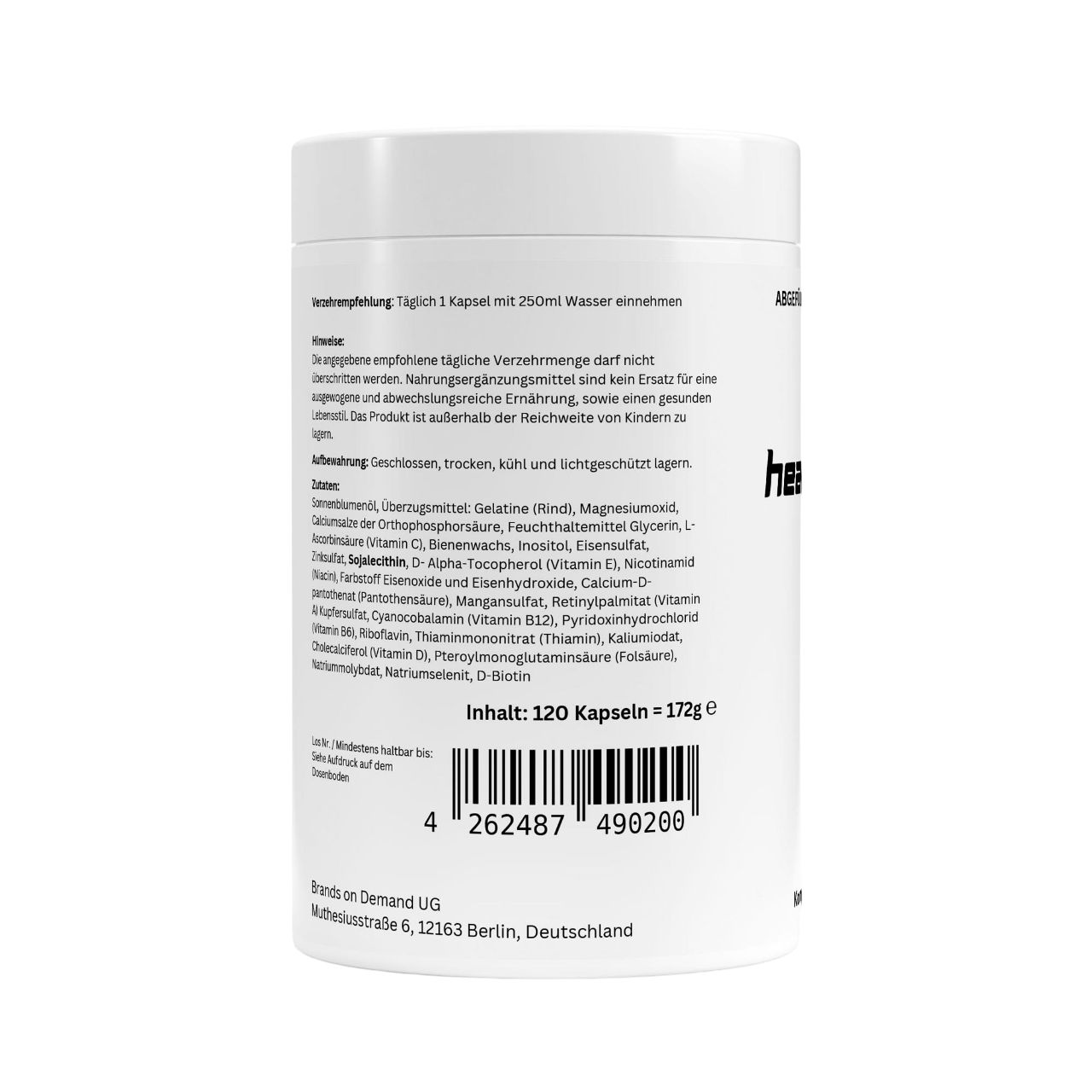 Rückseite der Dose mit Anwendungshinweisen und Zutatenliste. Enthält 120 Kapseln, 172g. Barcode sichtbar.