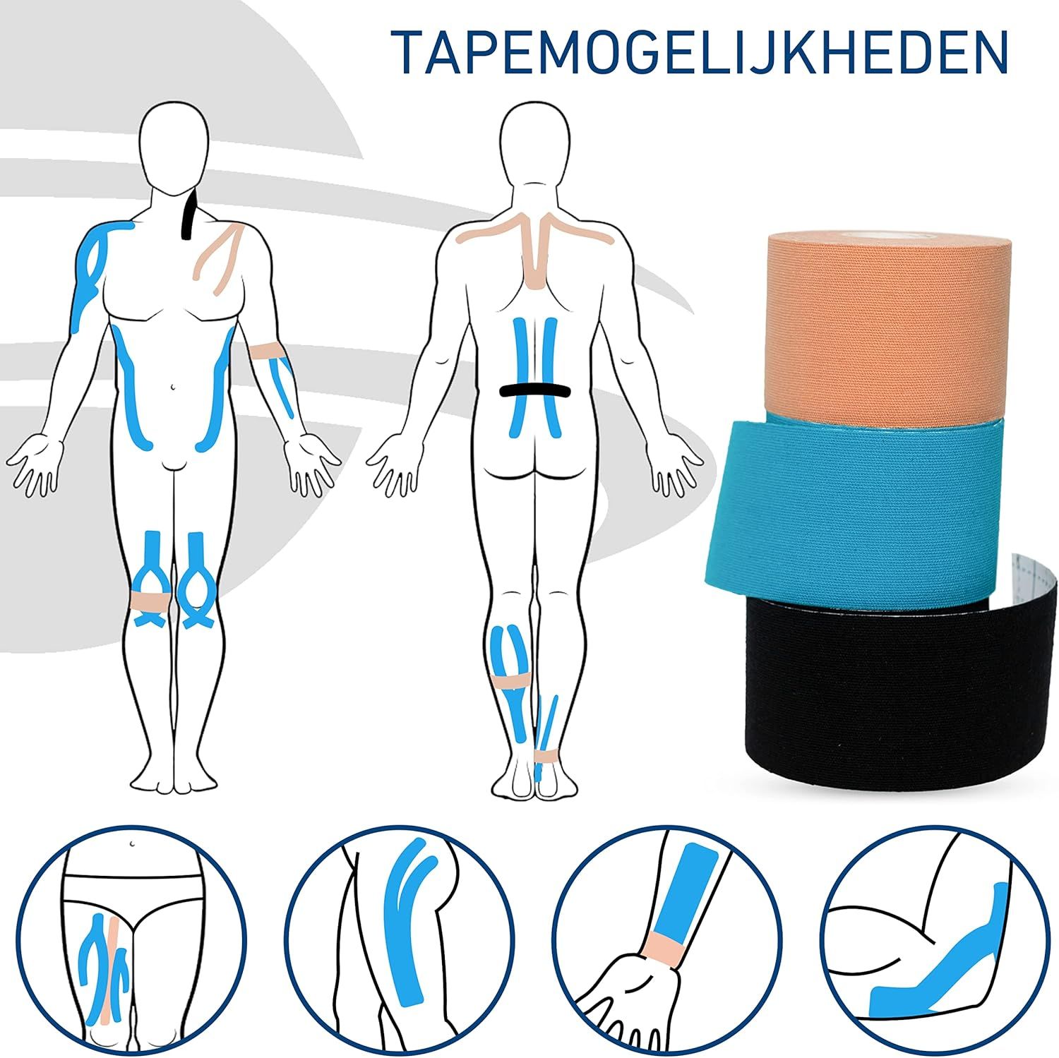 Illustraties van tapingmogelijkheden. Verschillende tapekleuren.