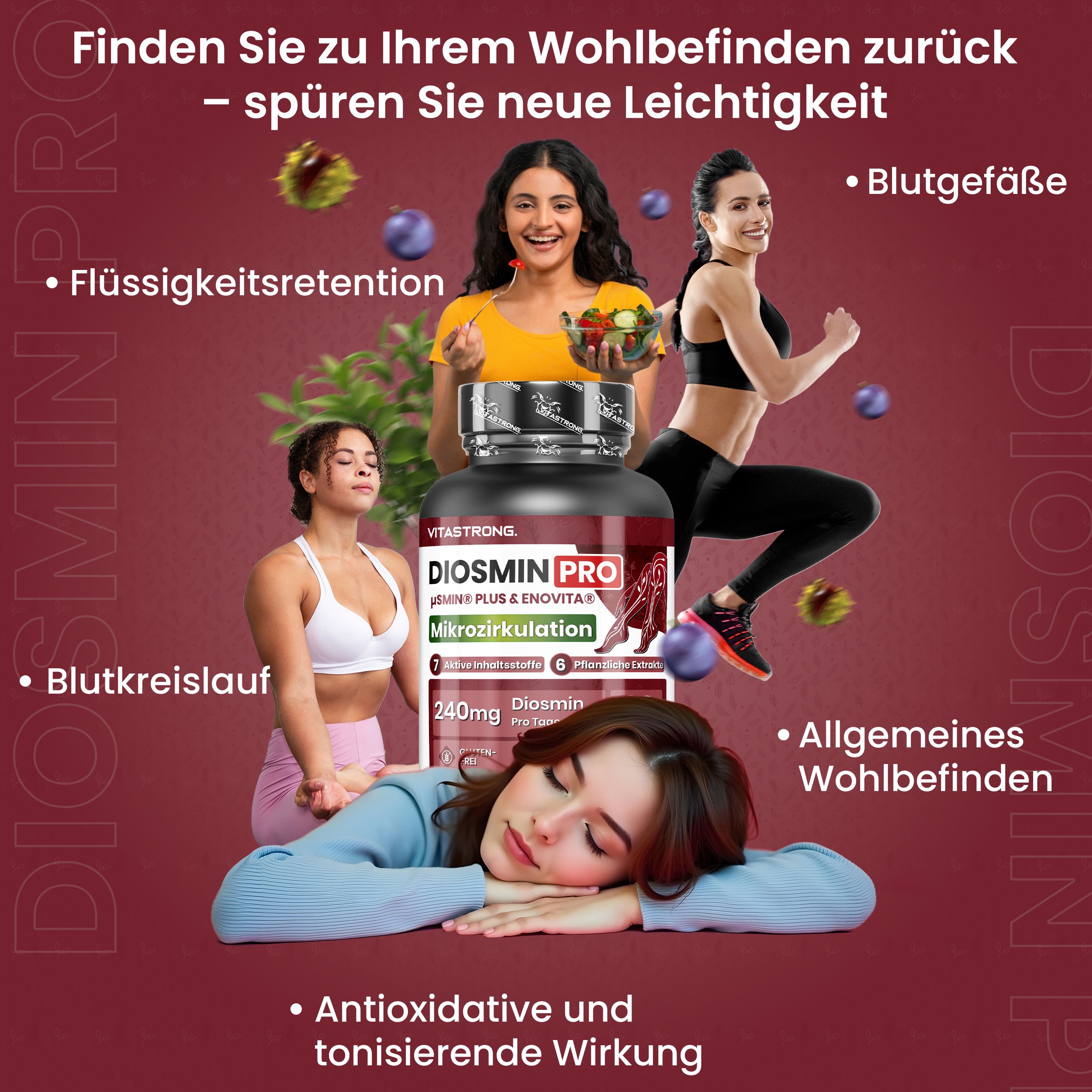 Vitastrong Diosmin PRO. Flasche mit Tabletten. Text: Made in Europe, hochwertige Zutaten, natürlichen Ursprungs.