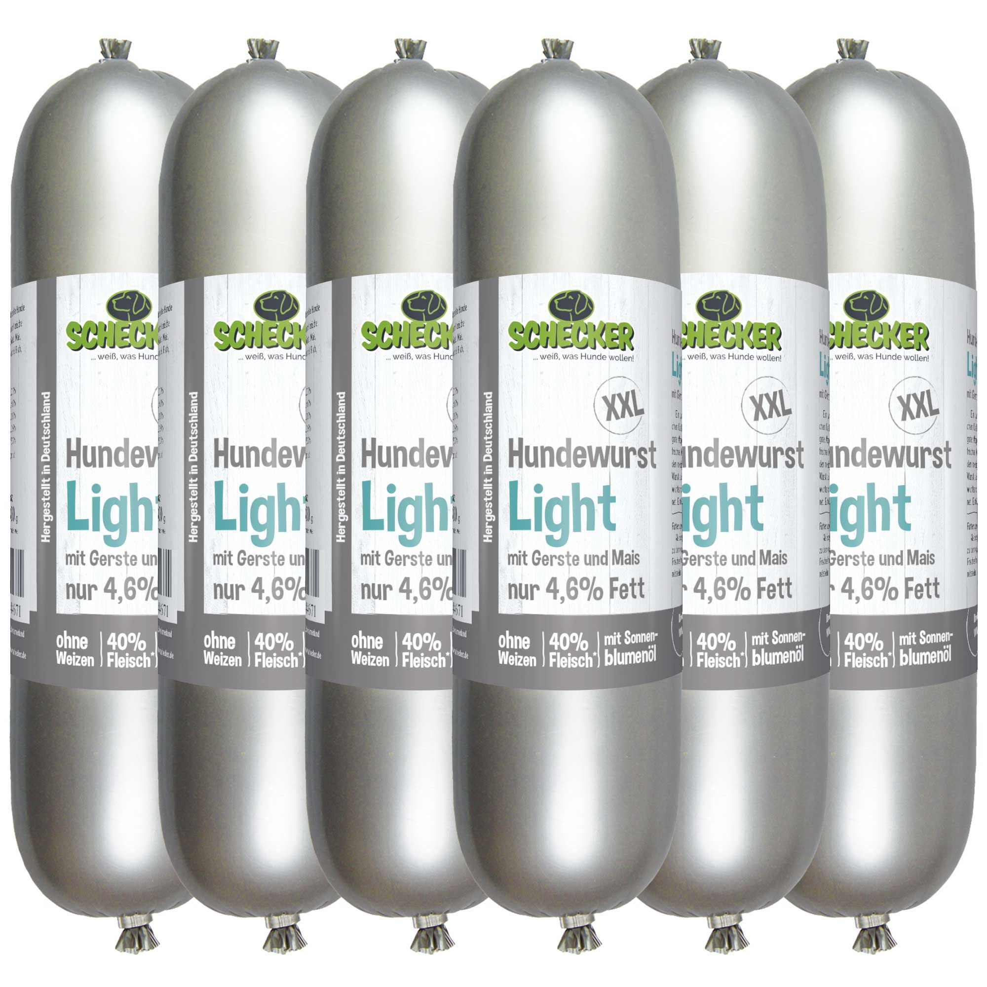 Mehrere Würste 'Light' mit Etikett. Text: Schecker, Hundewurst XXL, Light, mit Gerste und Mais, nur 4,6% Fett. Ohne Weizen, 40% Fleisch.