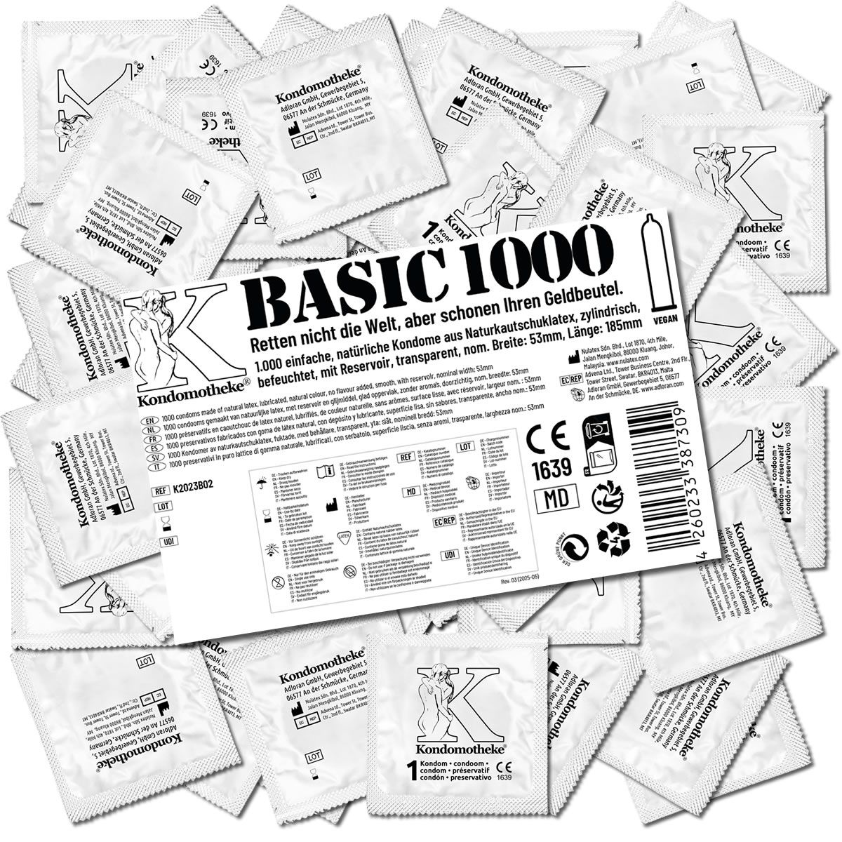 Kondomotheke BASIC 1000 Kondome. Einzeln verpackte Kondome in quadratischen Folienbeuteln. Aufdrucke mit Produktinformationen und Logo.