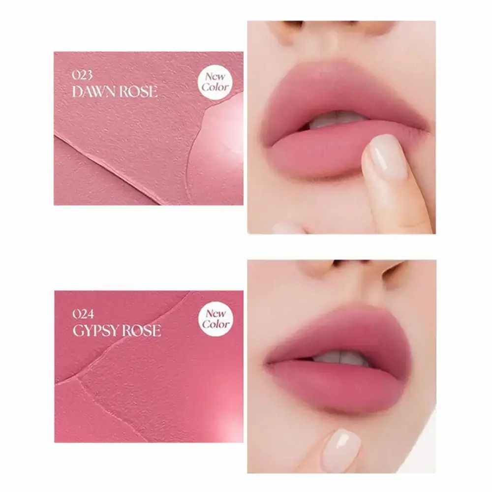 Zwei Bilder: Lippen mit Lippenstift und Farbfelder. Text: 023 Dawn Rose, 024 Gypsy Rose.