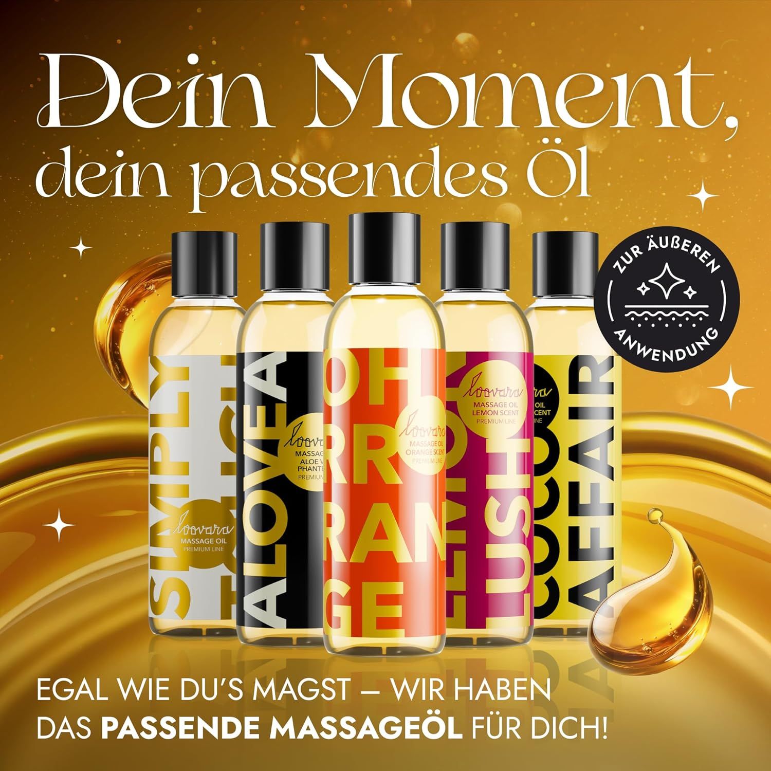 Fünf LOOVARA Massageöl Flaschen mit verschiedenen Etiketten, darunter ALOVEA.