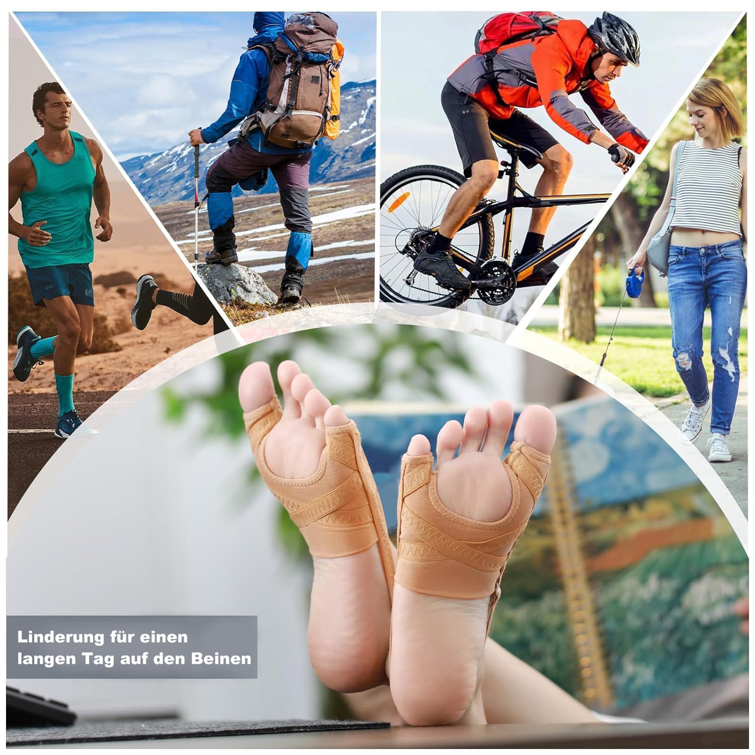 Füße mit beige Hallux Valgus Korrektoren. Verschiedene Aktivitäten. Text: Linderung für einen langen Tag auf den Beinen.