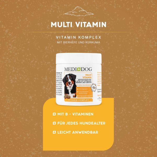Weiße Dose mit MEDIDOG-Logo und Hundefoto. Orangefarbene Akzente mit Text: Multi Vitamin, Vitamin Komplex. Aufschrift: Mit B-Vitaminen.