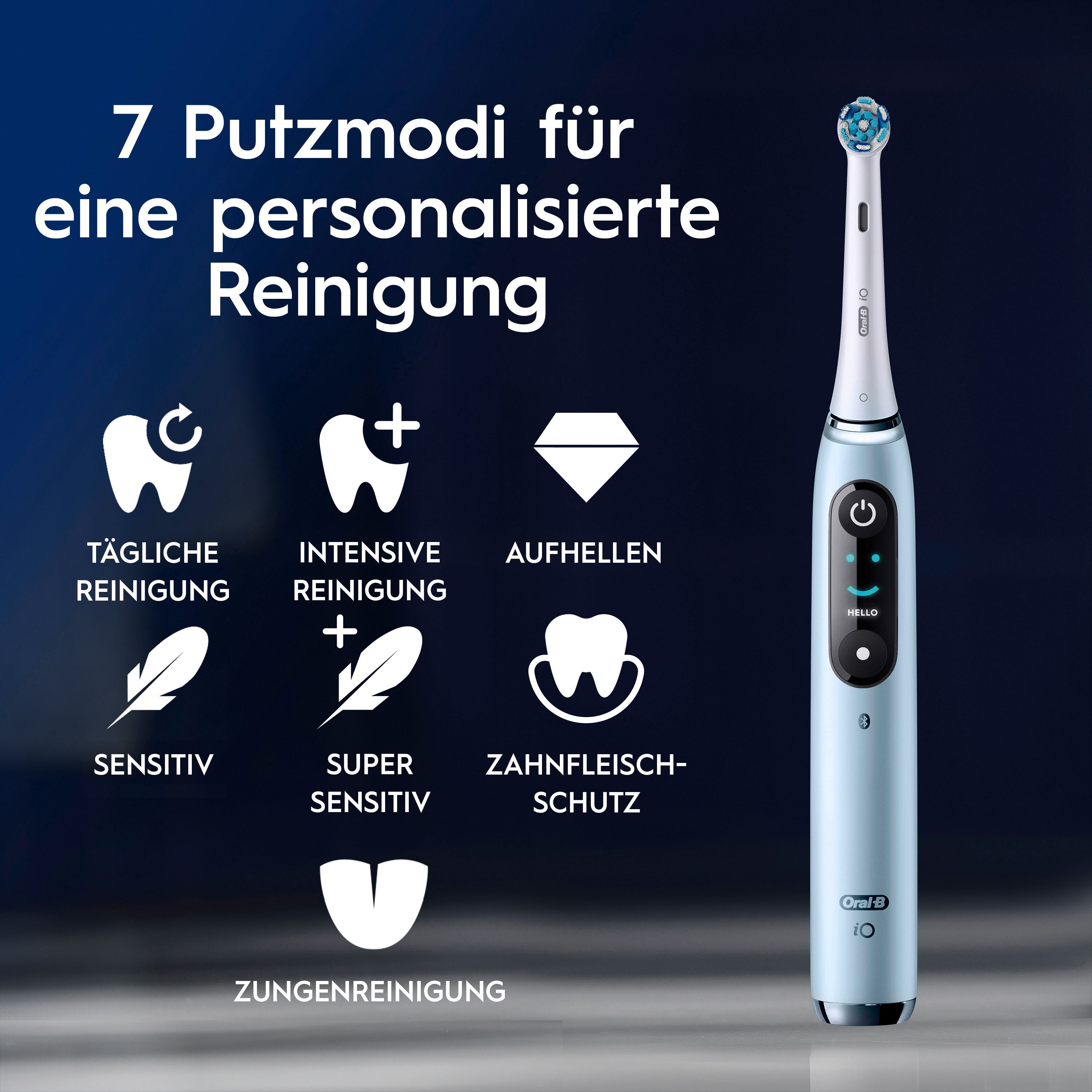 Blaue elektrische Zahnbürste mit 7 Putzmodi: Täglich, Intensiv, Aufhellen, Sensitiv, Super Sensitiv, Zahnfleischschutz, Zungenreinigung.