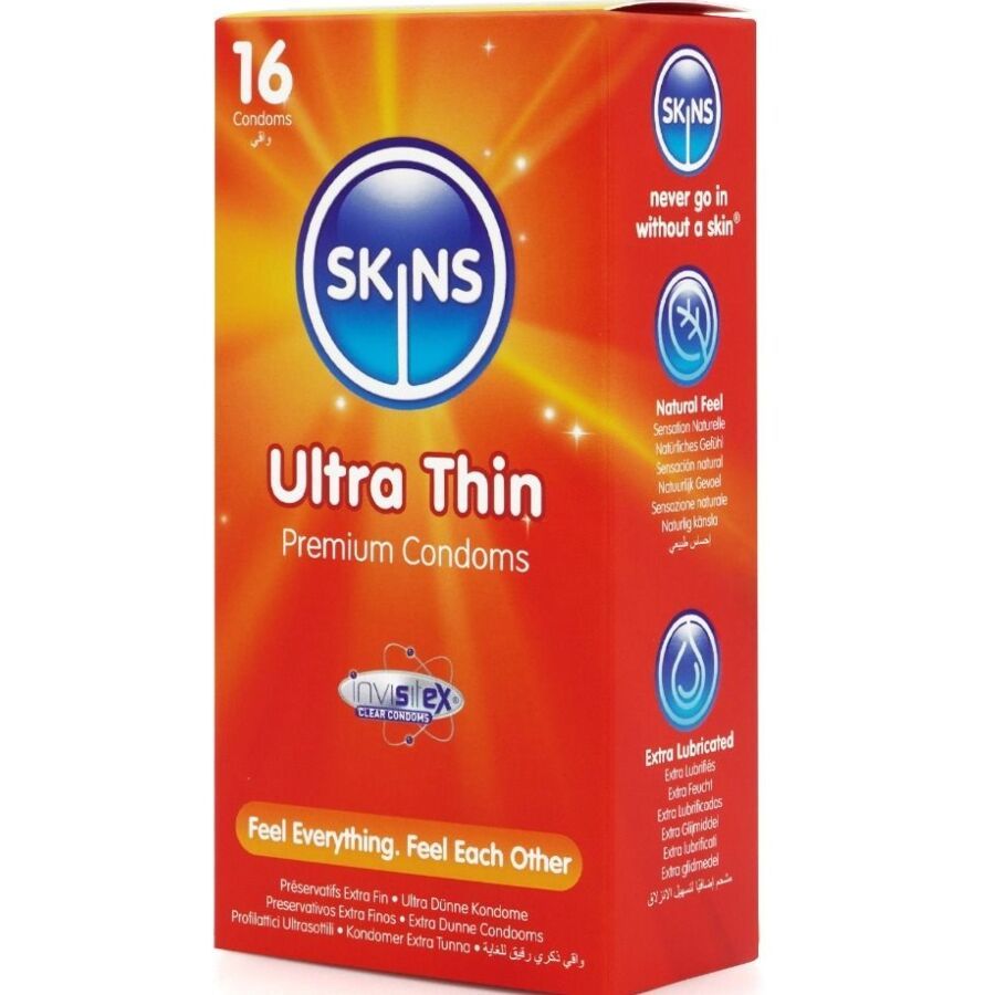 Verpackung mit 16 Kondomen. Marke SKINS, Produktname Ultra Thin. Rote Verpackung mit blauen und weißen Akzenten. Text in mehreren Sprachen.