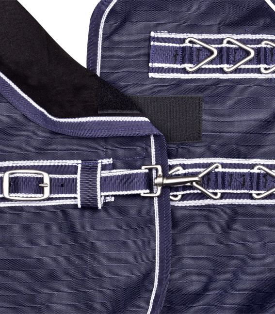 Nahaufnahme der Outdoordecke. Dunkelblau mit weißem Rand. Metallverschlüsse und Klettverschluss. Detailansicht.