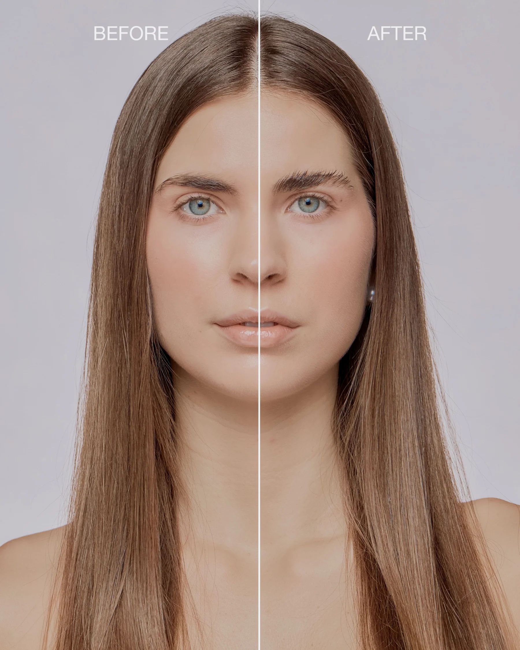Volto di donna diviso in sezioni prima e dopo. Le sopracciglia sono definite nella sezione dopo.