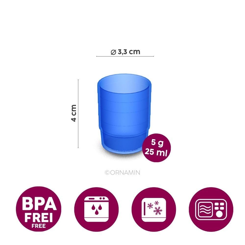 Blauer, zylindrischer Becher mit 4 cm Höhe und 3,3 cm Durchmesser. BPA-frei. Mikrowellen-, Gefrierfach- und spülmaschinenfest.