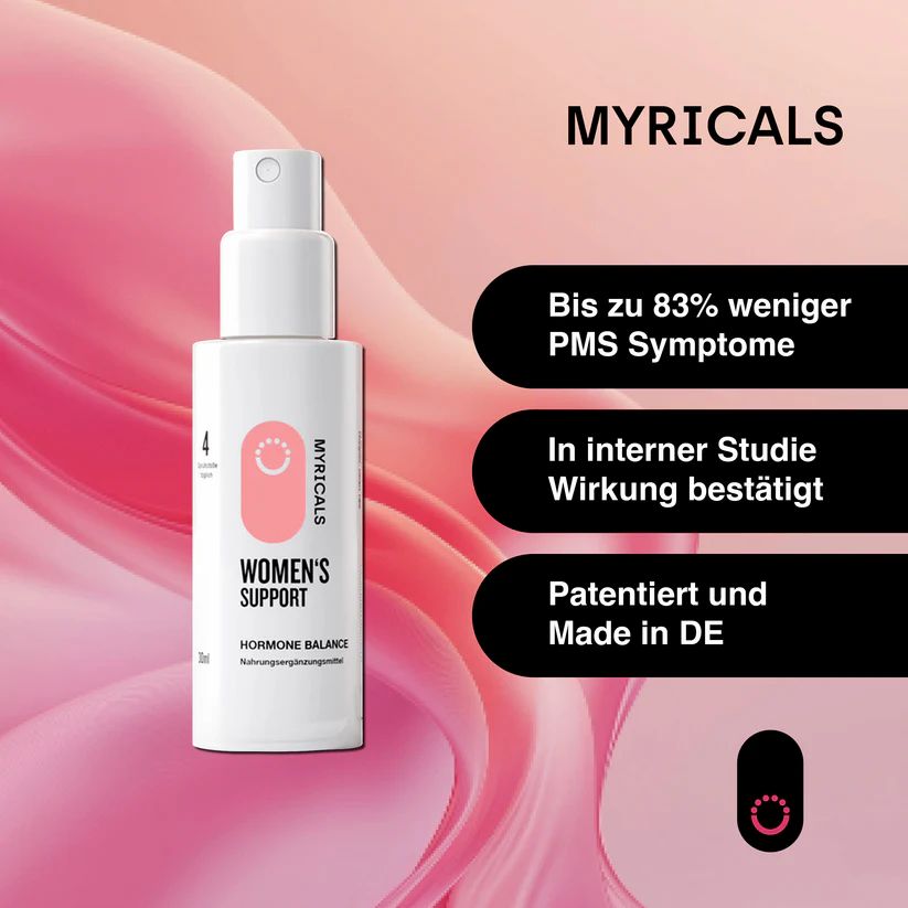 MYRICALS Women's Support. Weiße Sprühflasche. Text: Bis zu 83% weniger PMS Symptome. In interner Studie Wirkung bestätigt. Patentiert und Made in DE.