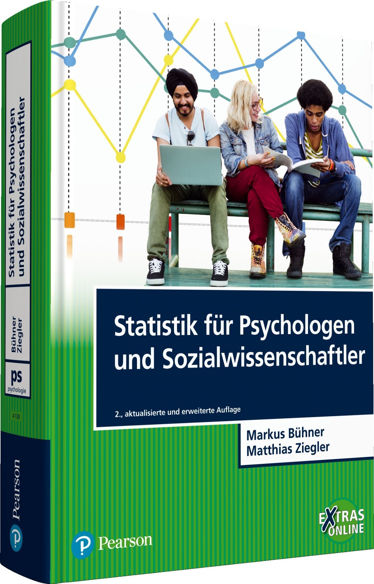 Buchcover: Statistik für Psychologen und Sozialwissenschaftler. Autoren: Bühner, Ziegler. Pearson-Verlag. Personen sitzen auf einer Bank.