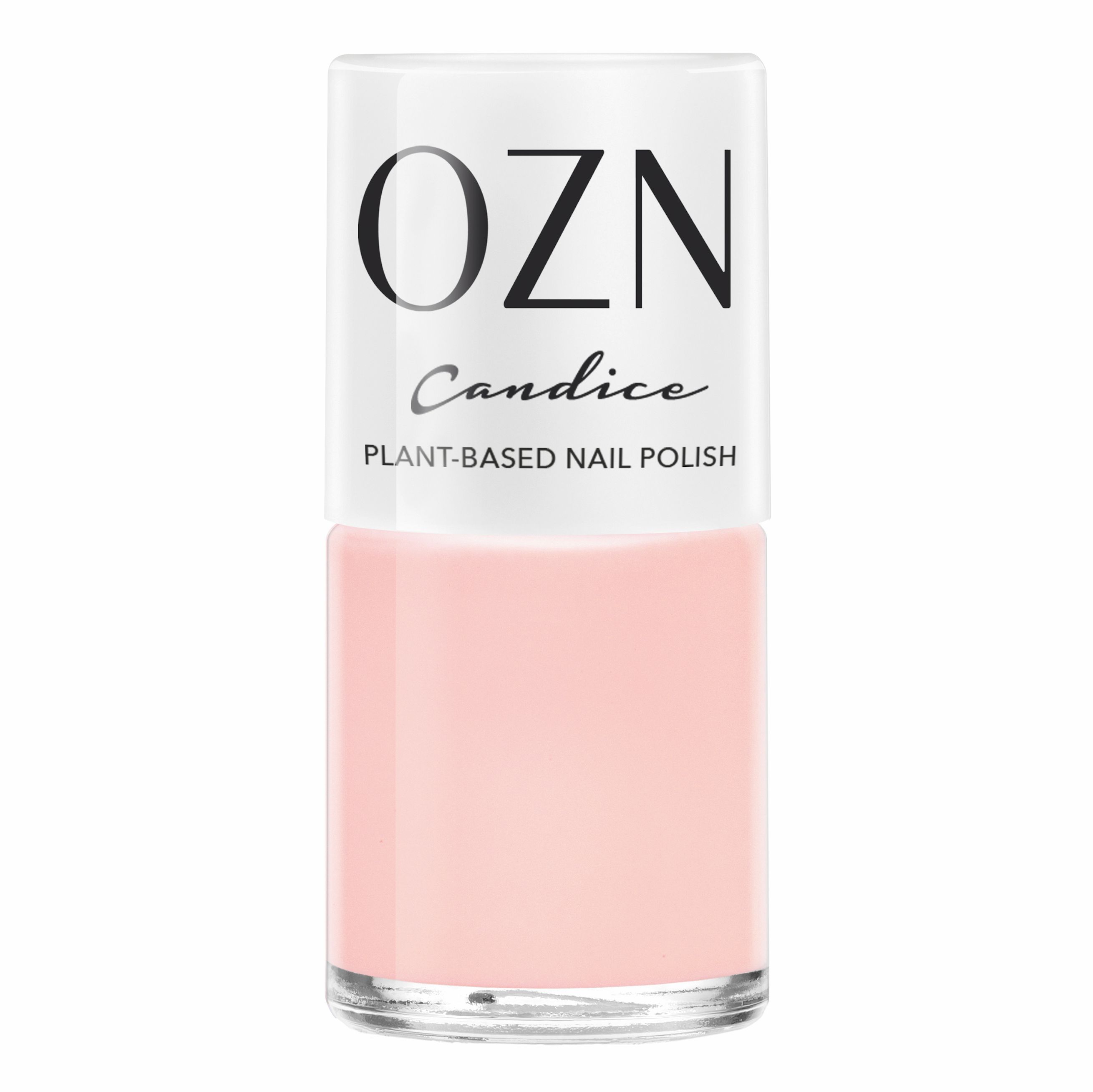 Nagellackflasche mit rosa Inhalt. Oben weißer Deckel mit schwarzem Schriftzug OZN und Candice. Untertitel: PLANT-BASED NAIL POLISH.