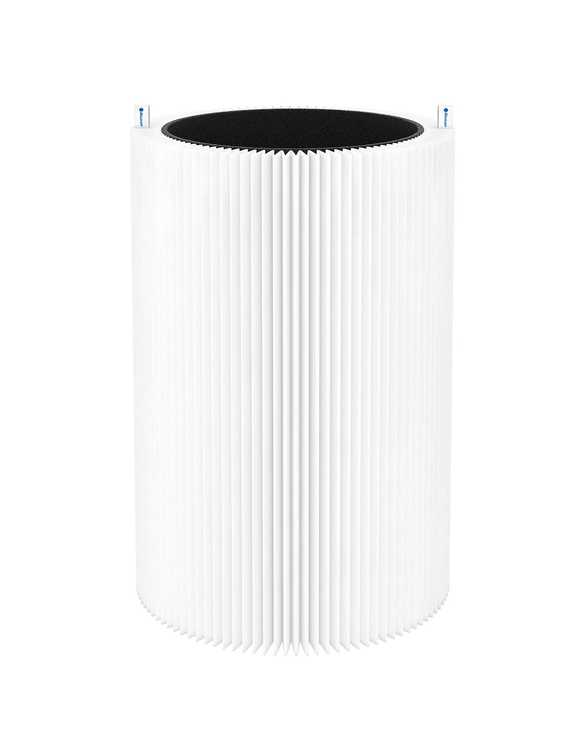 Zylindrischer Filter mit weißem, geriffeltem Papier. Schwarze Oberseite. Blaue Elemente an der Oberseite.