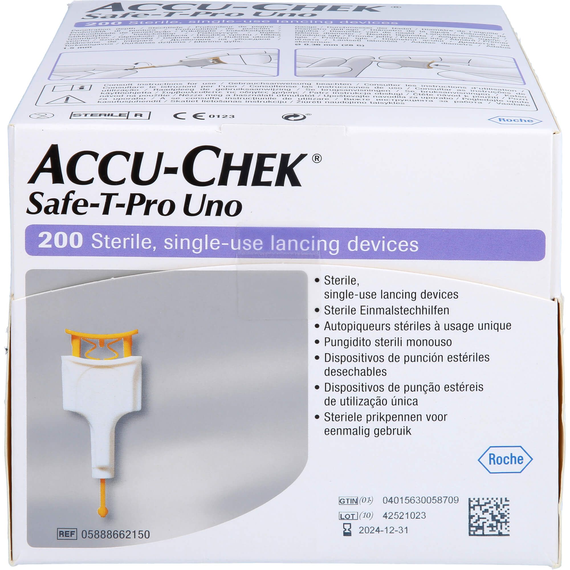 Verpackung von ACCU-CHEK Safe-T-Pro Uno Lanzetten. Aufdruck: 200 sterile Einmalstechhilfen.