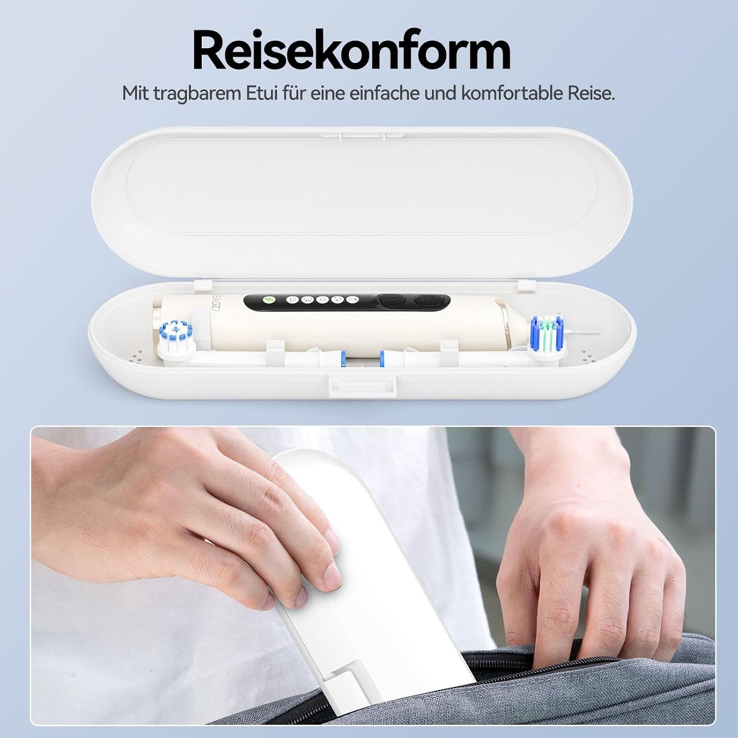 Elektrische Zahnbürste mit Reiseetui und zwei Aufsteckbürsten.