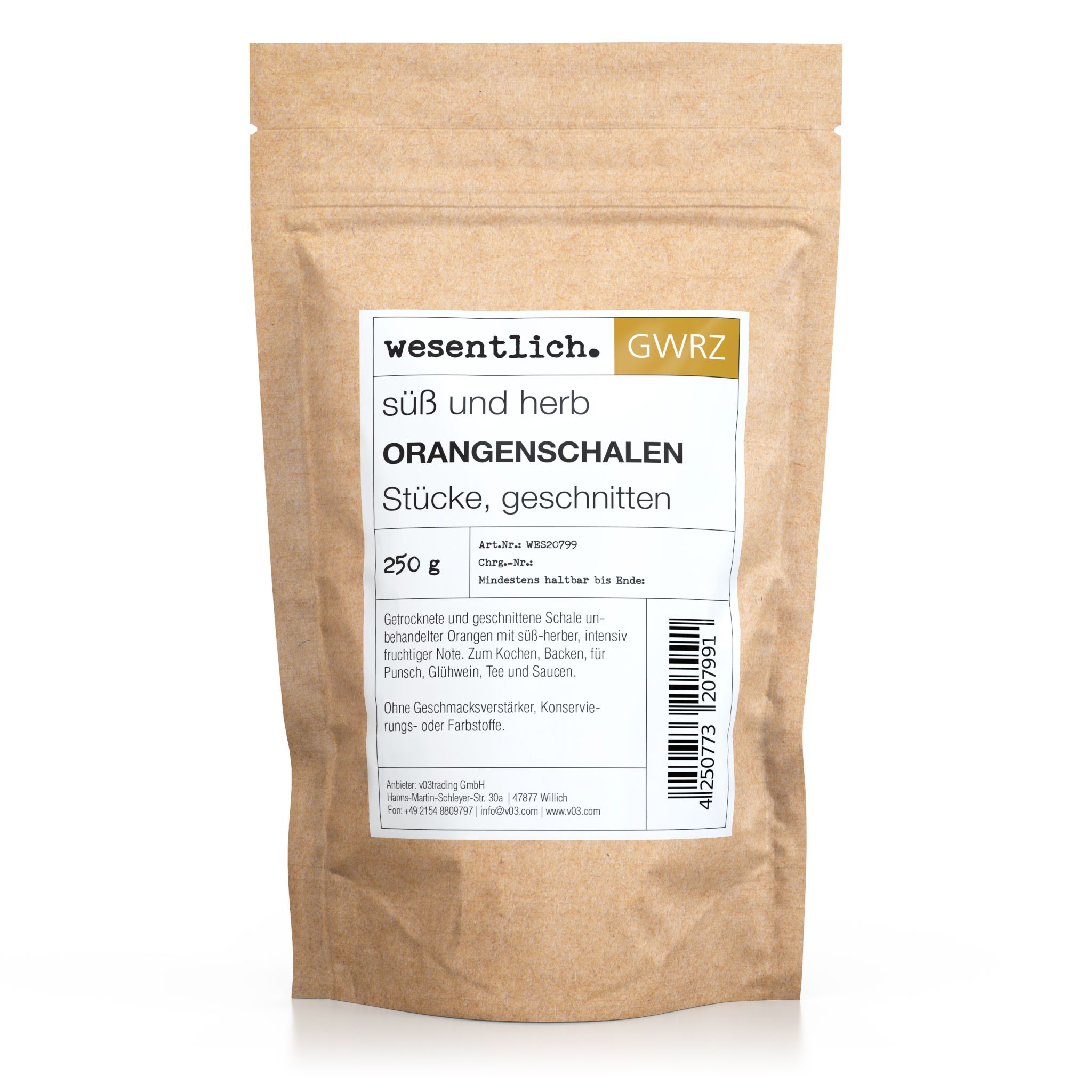 Beutel mit Orangenschalen, geschnitten. Aufschrift: wesentlich. GWRZ. 250g. Süß und herb.