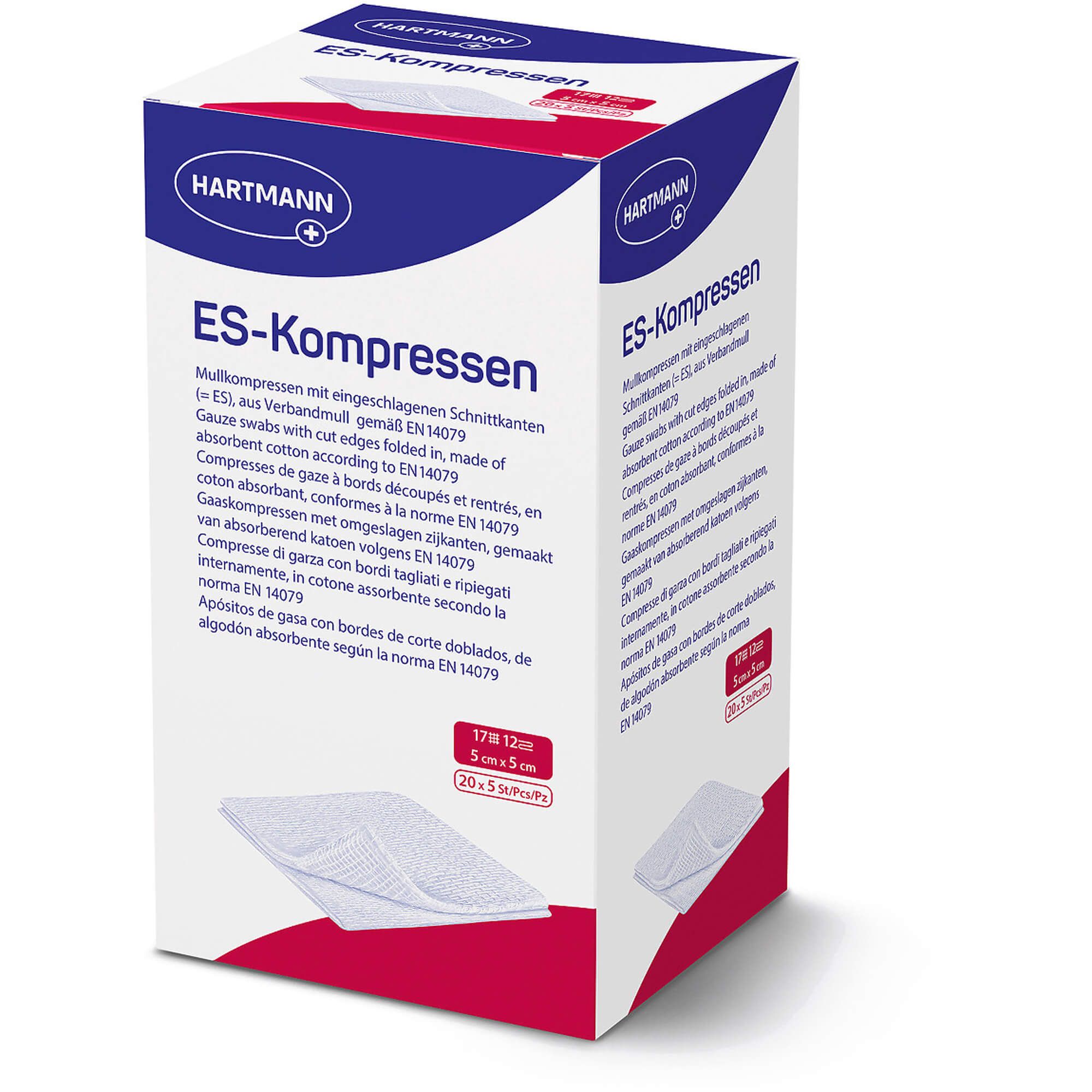 Hartmann ES-Kompressen-Verpackung. Weiß-blaue Box mit Produktbezeichnung und Logo. Enthält Kompressen, 5x5 cm, 20x5 Stück.