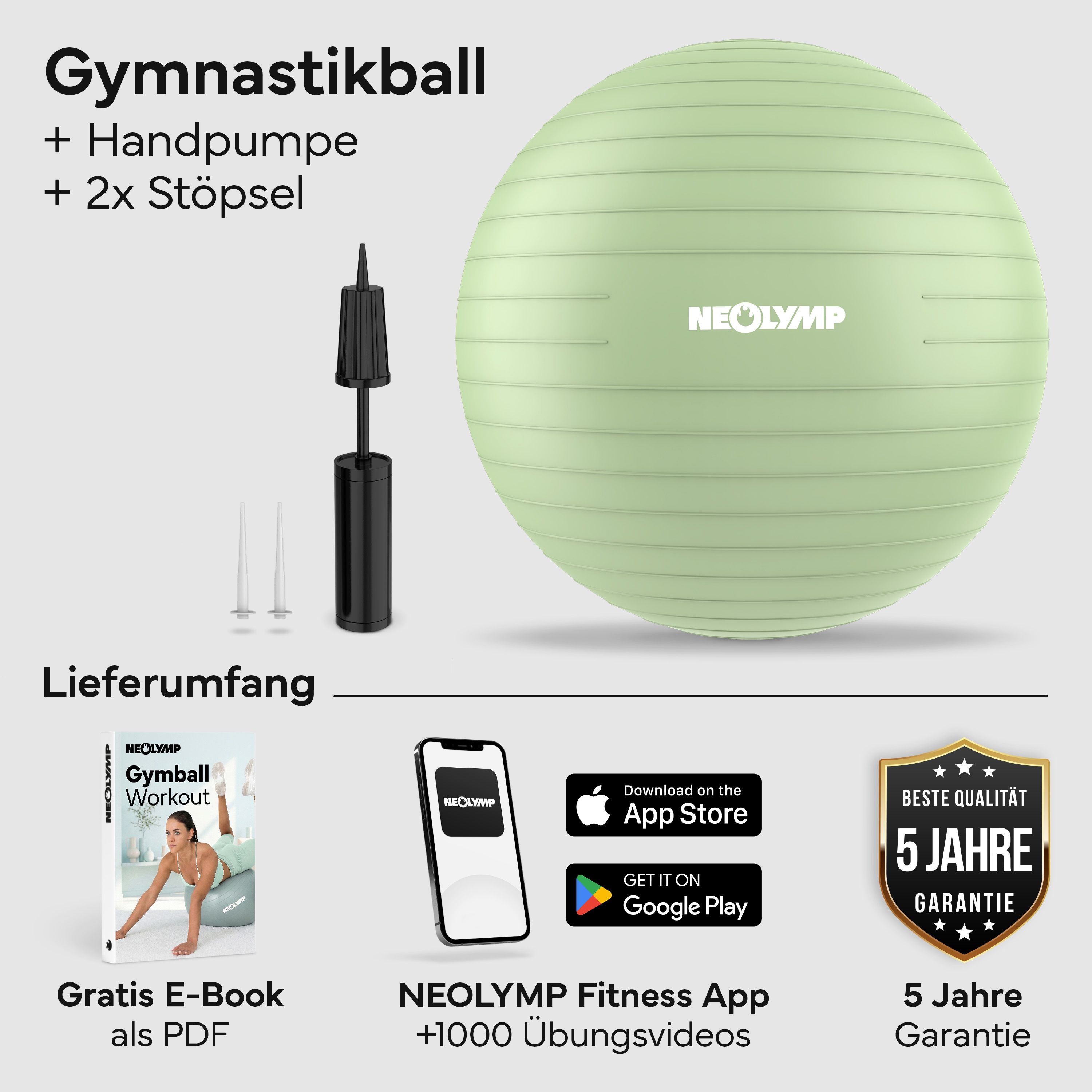 Lieferumfang: Gymnastikball, Pumpe, 2 Stöpsel, E-Book, App-Hinweis, 5 Jahre Garantie.