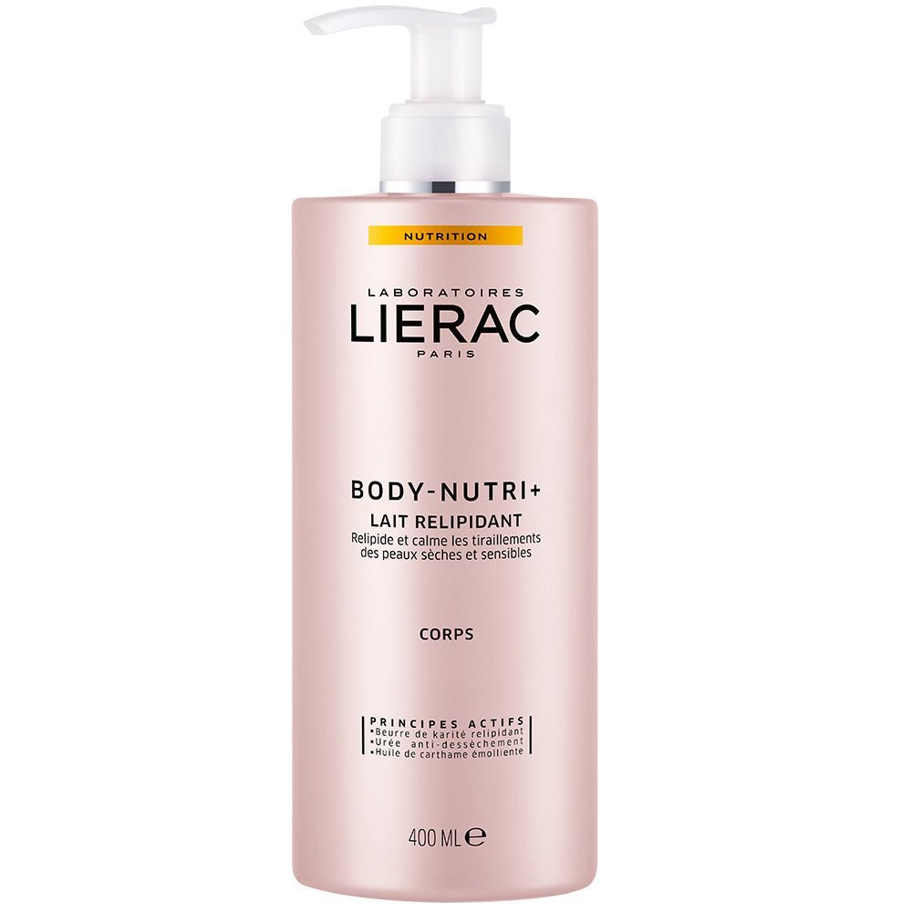 Rosa Flasche mit Pumpe. Aufschrift: LIERAC, BODY-NUTRI+, Lait Relipidant. 400 ml.