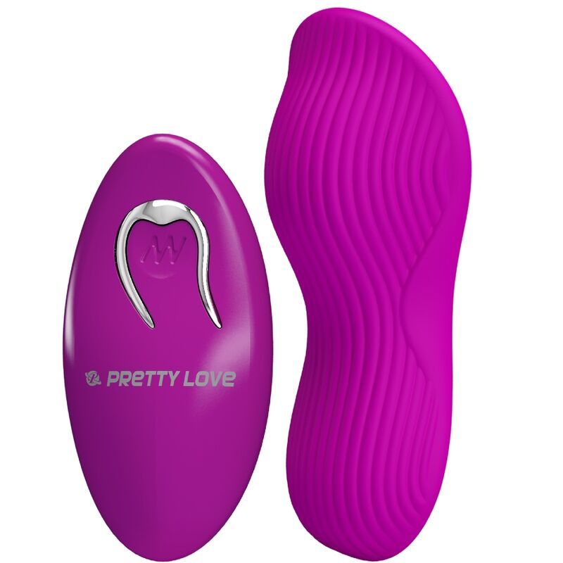 Lila Vibrator und Fernbedienung. Die Fernbedienung trägt den Schriftzug "PRETTY LOVE". Wellenmuster auf dem Vibrator.