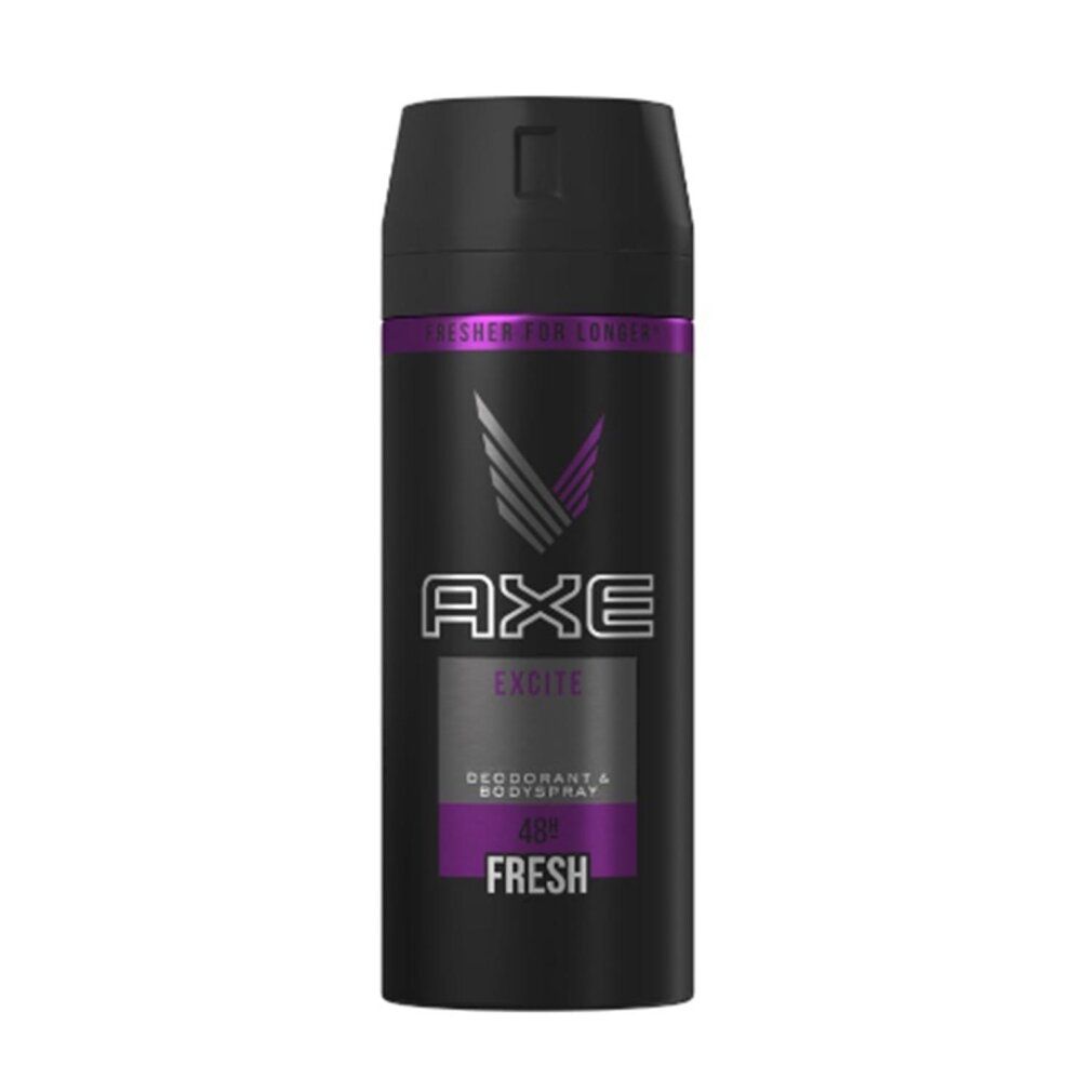 Schwarze Aerosoldose mit lila Akzenten. "AXE EXITE" und "FRESH" Schriftzug. Deodorant & Bodyspray.