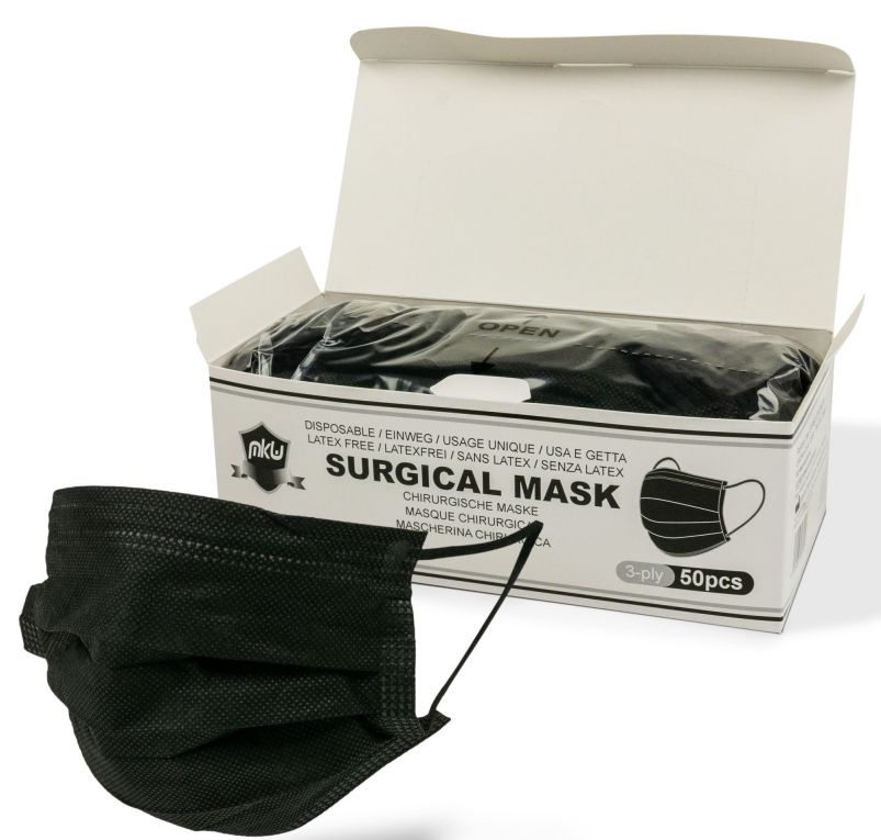 Schwarze OP-Maske mit schwarzem Gummiband. Geöffneter Karton mit weiteren Masken. Aufdruck: Surgical Mask, 3-lagig, 50 Stück.