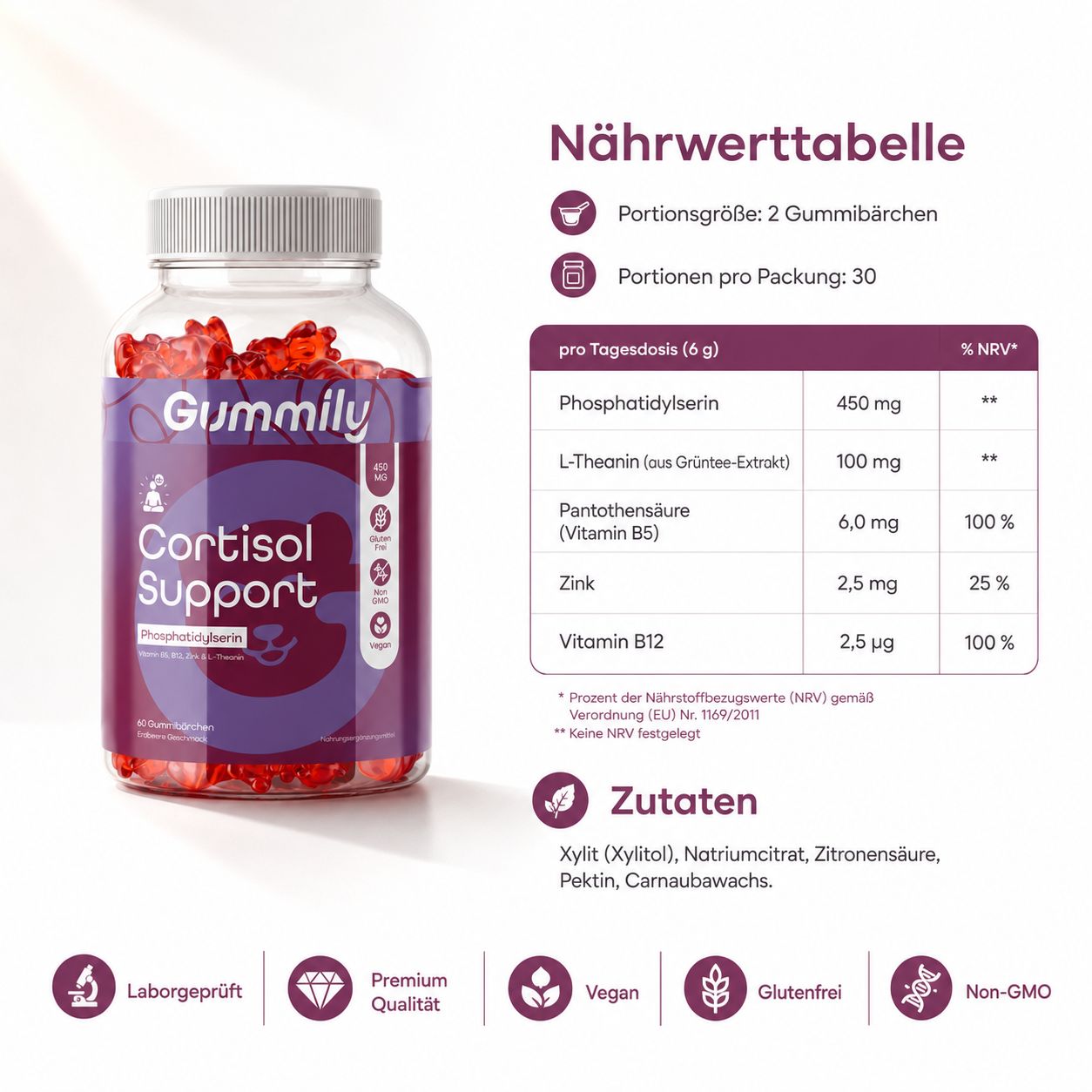 Gummily Cortisol Support Flasche und Nährwerttabelle. 60 Gummibärchen, Erdbeergeschmack. Vegan, glutenfrei, Non-GMO.