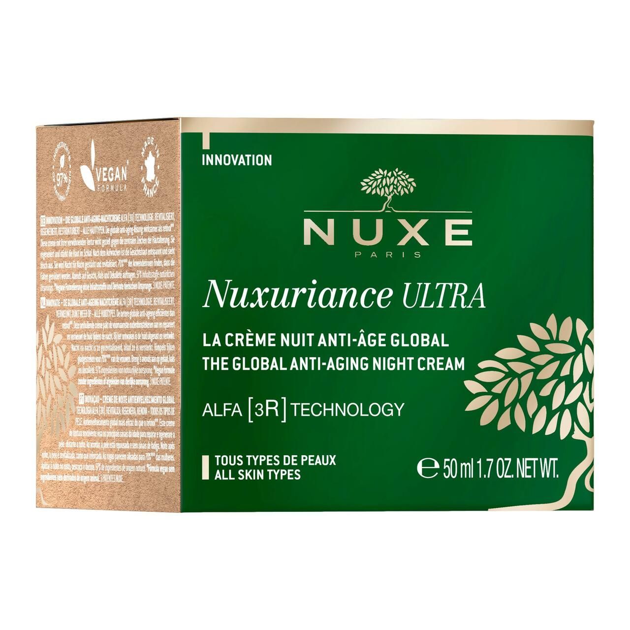 Grüne Creme-Dose und Schachtel. Aufschrift: Nuxuriance Ultra.