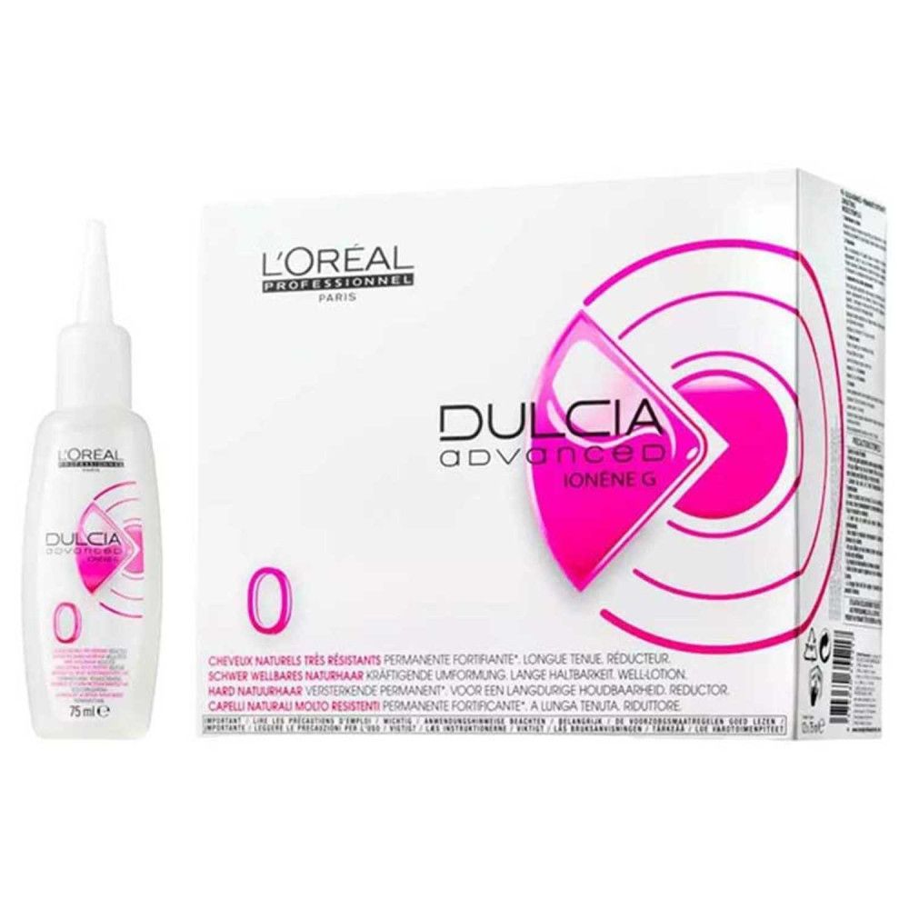 Weißer Karton und Fläschchen. Aufschrift: L'Oréal Professionnel, Dulcia Advanced, 0. Rosa Akzente. Mehrsprachiger Text.