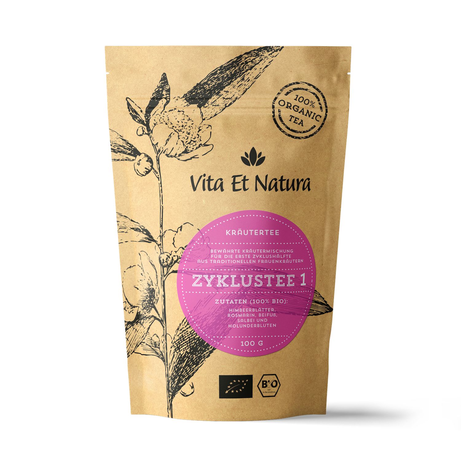 Produktverpackung. Kräutertee, Zutaten, 100% Bio. Marke Vita Et Natura. 100g. Bio-Siegel.