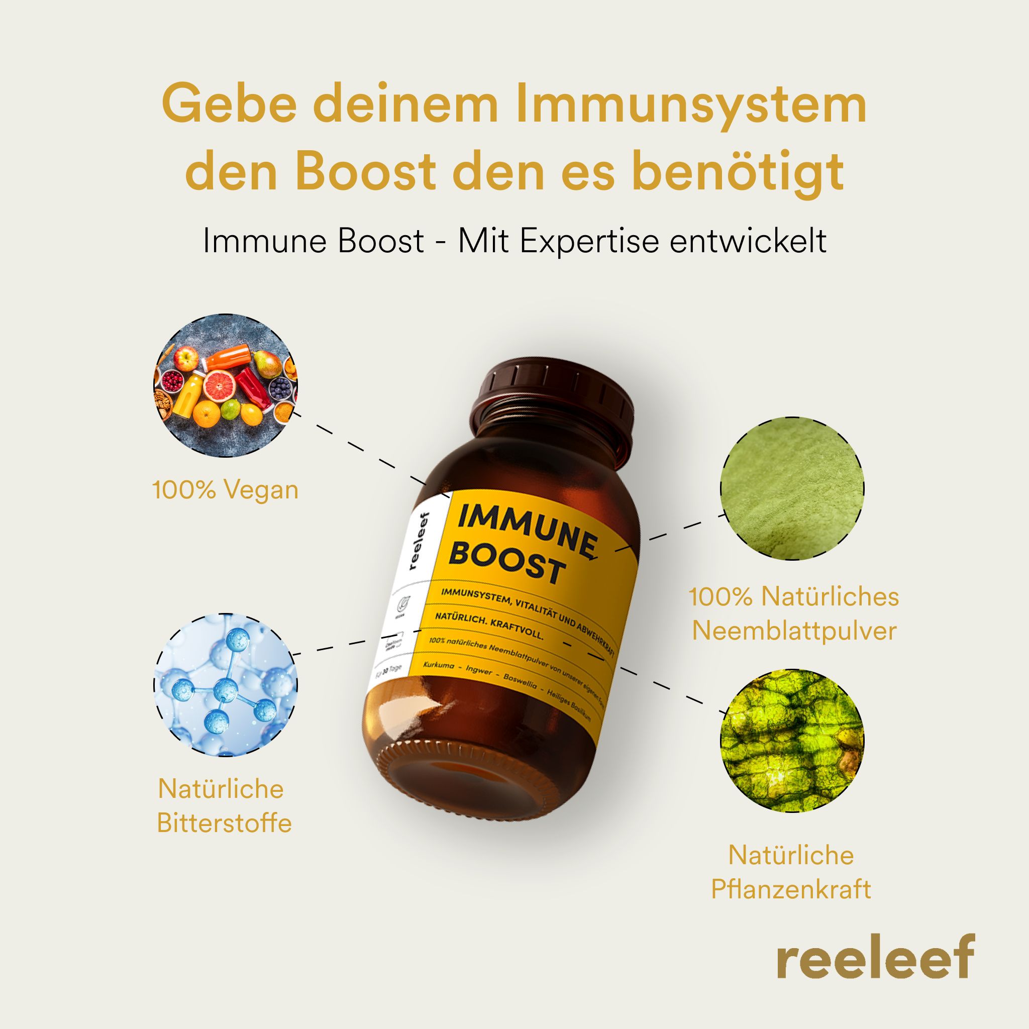 Braune Glasflasche mit gelbem Etikett. Aufschrift: IMMUNE BOOST. Umgeben von Grafiken: 100% Vegan, Natürliche Bitterstoffe, 100% Natürliches Neemblattpulver, Natürliche Pflanzenkraft.