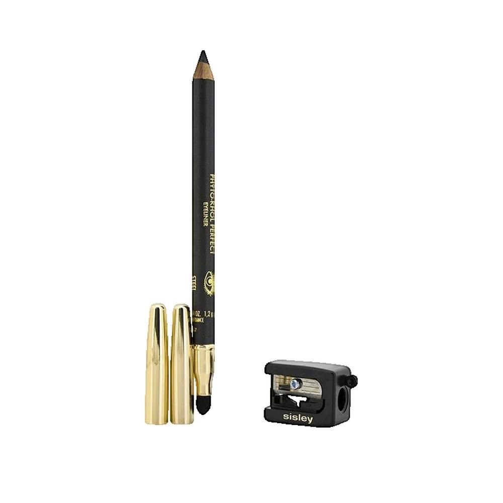 Schwarzer Sisley Phyto-Khol Perfect Eyeliner mit goldenen Kappen und Anspitzer. Schwarzer Anspitzer mit Sisley-Logo.