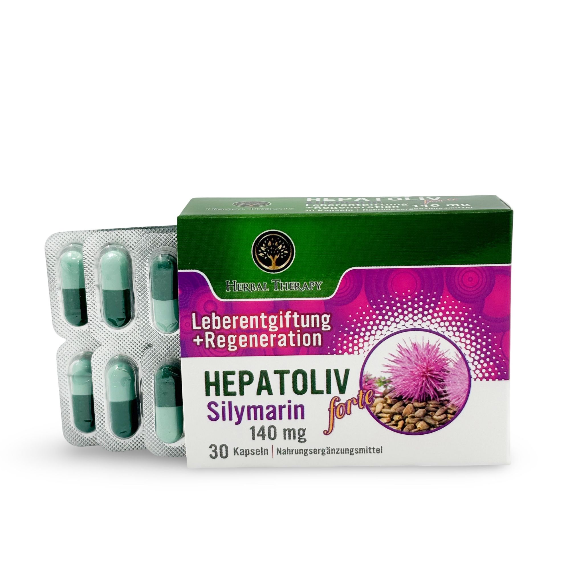 Schachtel mit HEPATOLIV Silymarin forte 140 mg und Blisterpackung mit Kapseln. 30 Kapseln. Nahrungsergänzungsmittel.