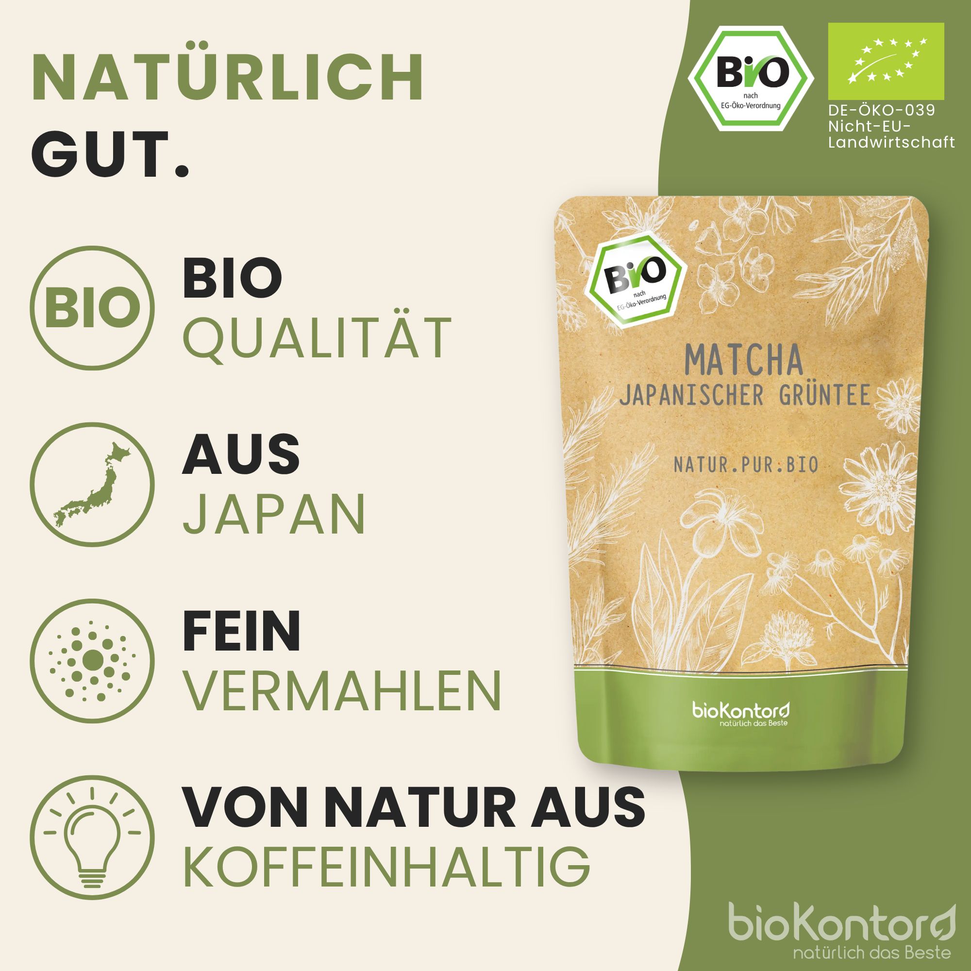 bioKontor Matcha Japanischer Grüntee Verpackung mit Bio-Siegel und Hinweisen zu Qualität und Herkunft.