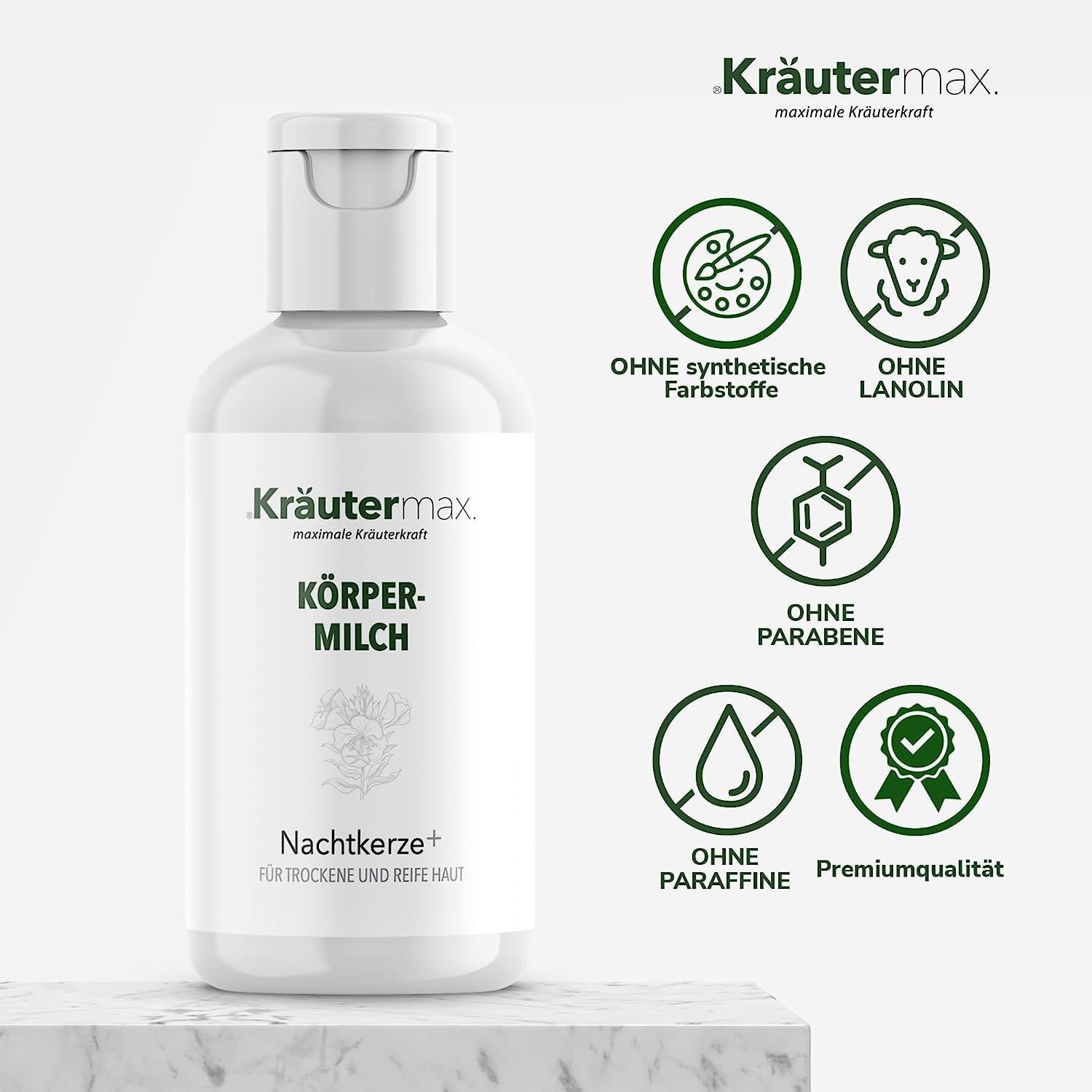 Weiße Flasche mit Klappverschluss. Aufschrift: Körpermilch, Nachtkerze+. Symbole: Ohne synthetische Farbstoffe, Lanolin, Parabene, Paraffine.