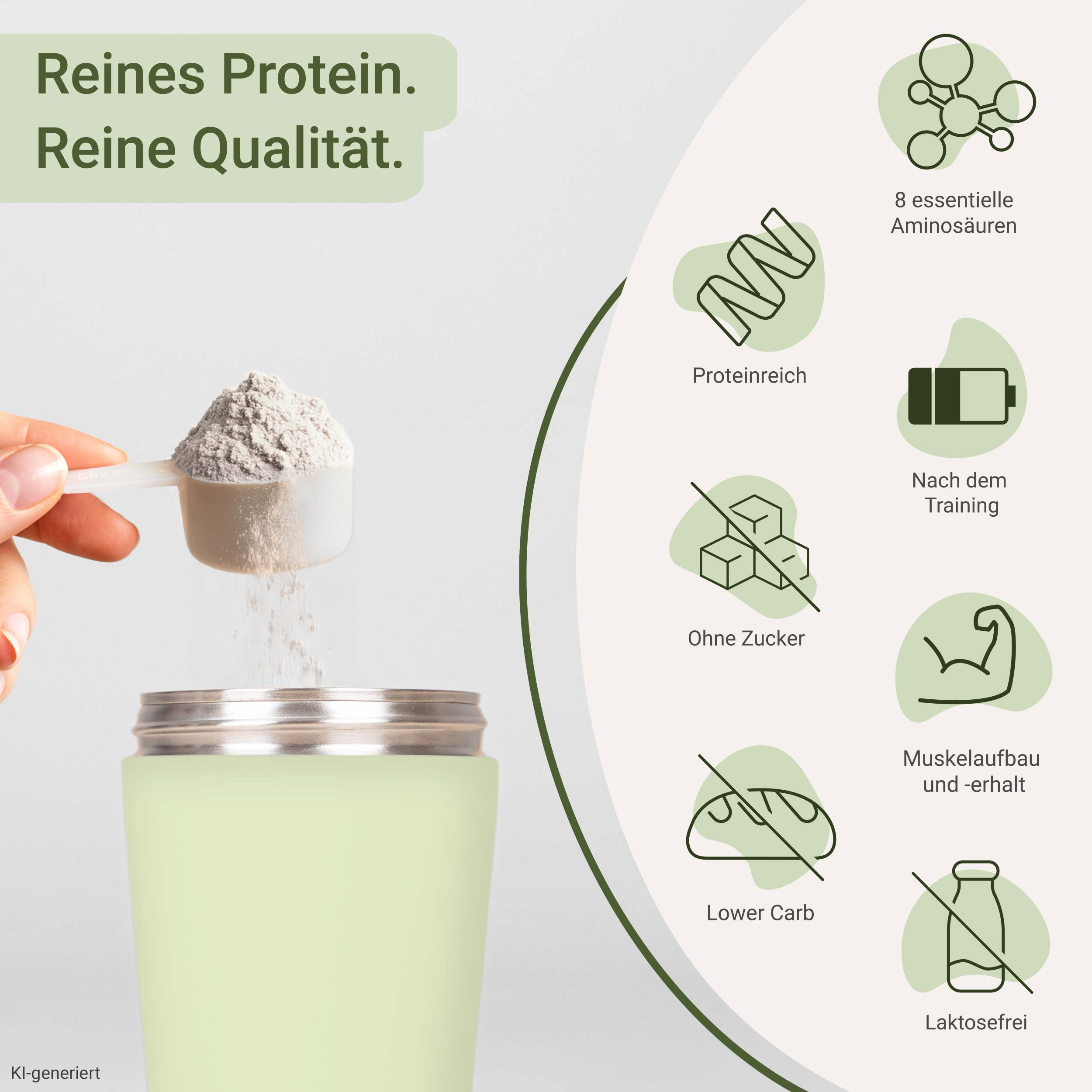 Eine Hand gibt Proteinpulver mit einem Löffel in einen hellgrünen Behälter. Icons zeigen Aminosäuren, Protein, zuckerfrei, Low Carb, nach dem Training, Muskelaufbau, laktosefrei.