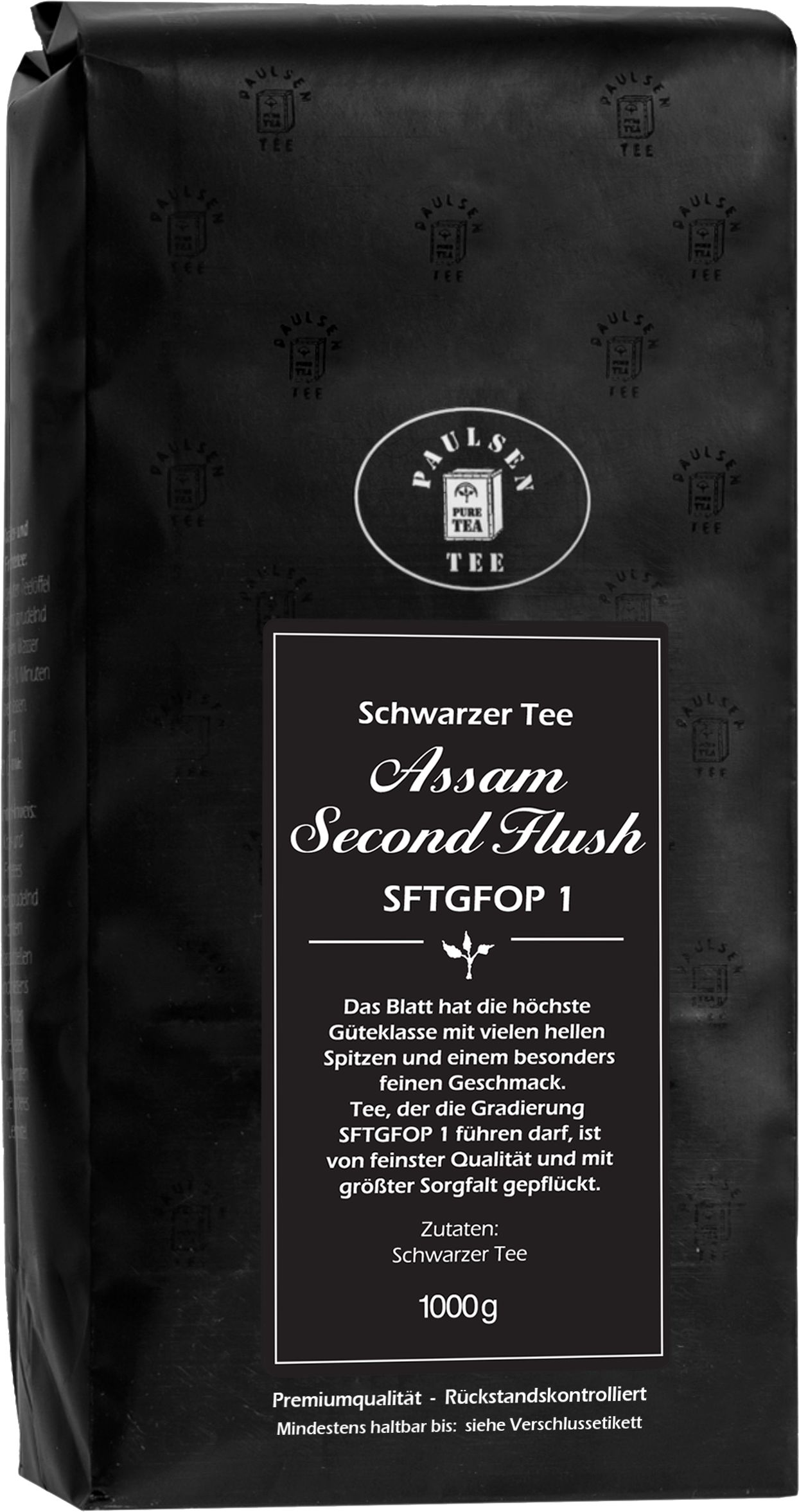 Schwarzer Tee Assam Second Flush in schwarzer Verpackung. Mit Paulsen-Logo und Texten in Weiß. 1000g.