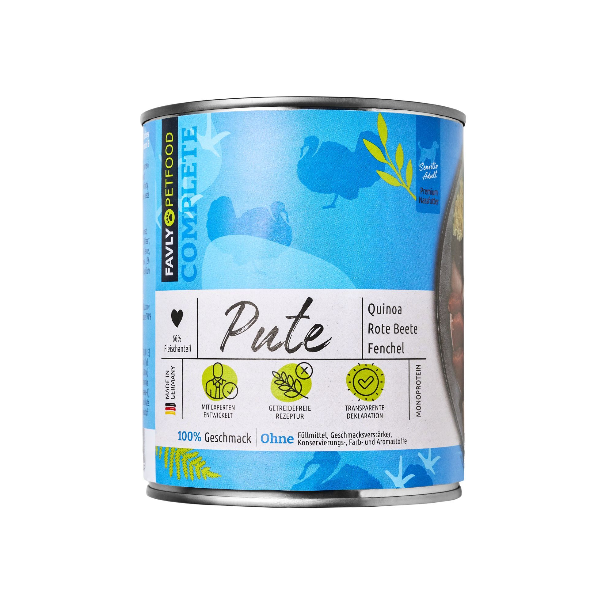 Hunde Nassfutter Pute mit Quinoa, Rote Beete & Fenchel in Dose. Blaue Dose mit Produktinformationen und Logo.