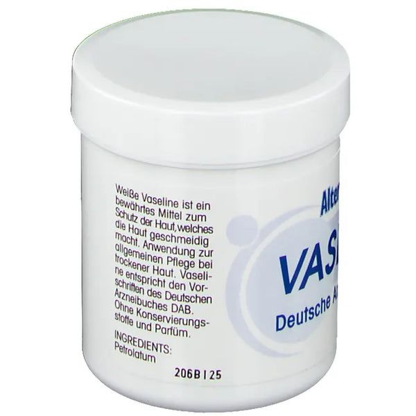 Weißer Tiegel mit Deckel. Text: Alter Heideschäfer Vaseline, Deutsche Arzneibuchqualität. Inhaltsstoffe: Petrolatum.