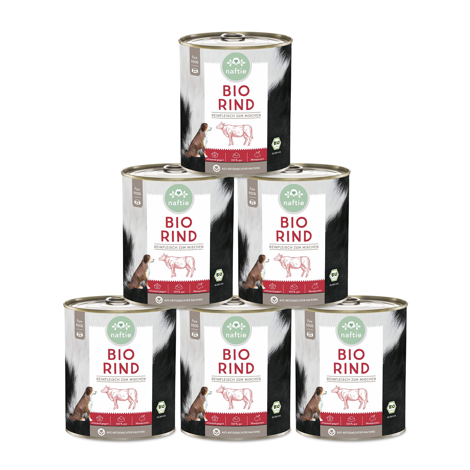 Sechs Dosen "Bio Rind" Hundefutter, gestapelt. Auf jeder Dose: Logo, Kuh-Illustration, Text.
