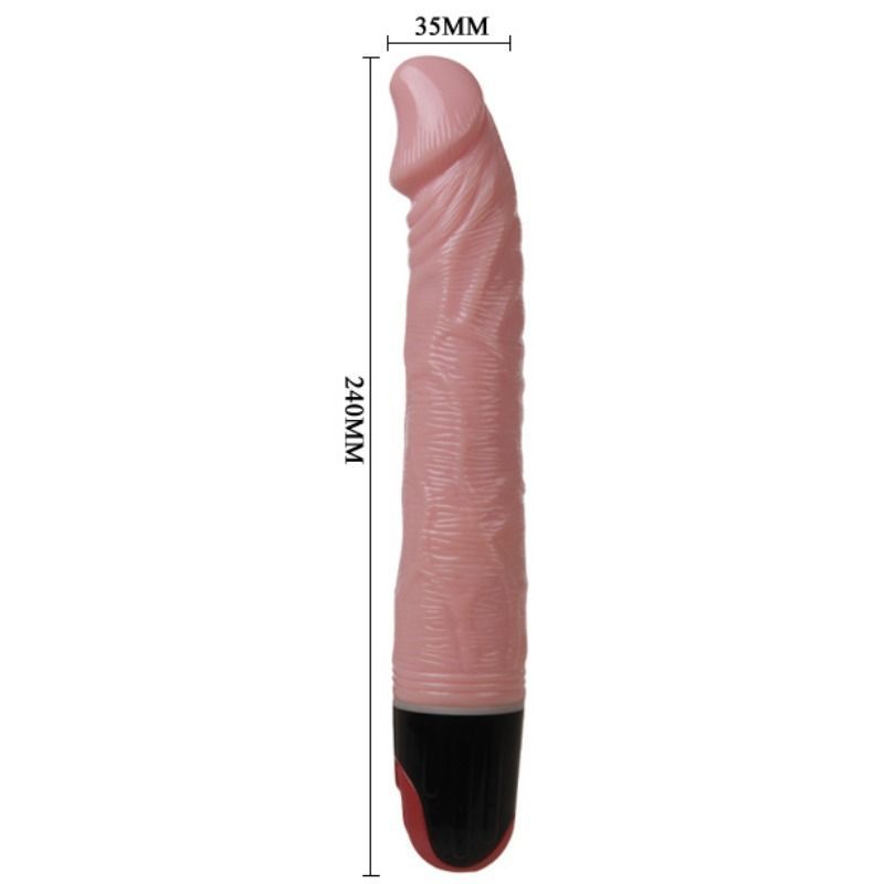 Pinkfarbener Vibrator mit geriffelter Oberfläche. Maße: 240mm Länge, 35mm Breite. Schwarzer Griff, rotes Detail.
