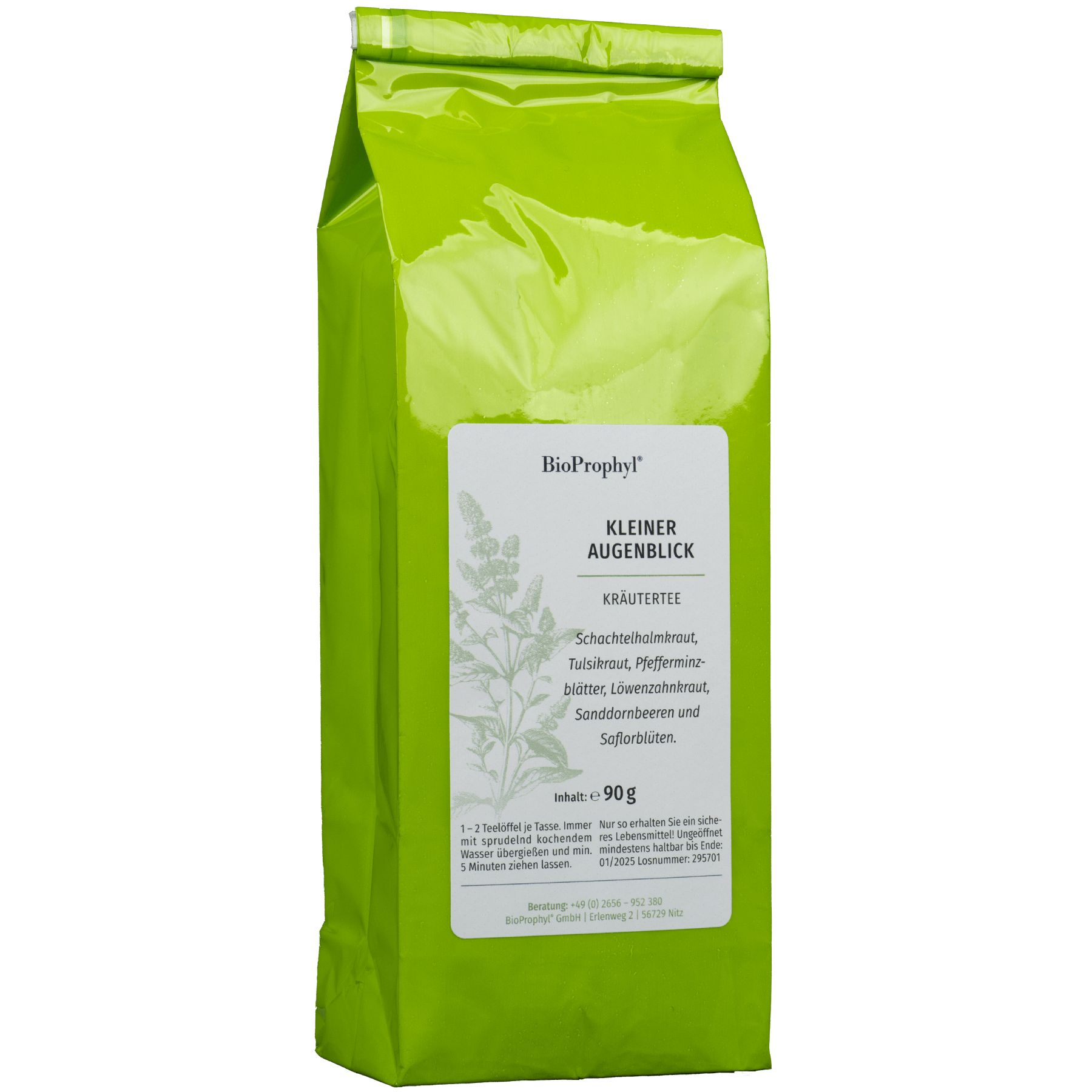 Grüner Beutel mit weißem Etikett. Aufschrift: BioProphyl, Kleiner Augenblick, Kräutertee. Inhalt: 90 g.