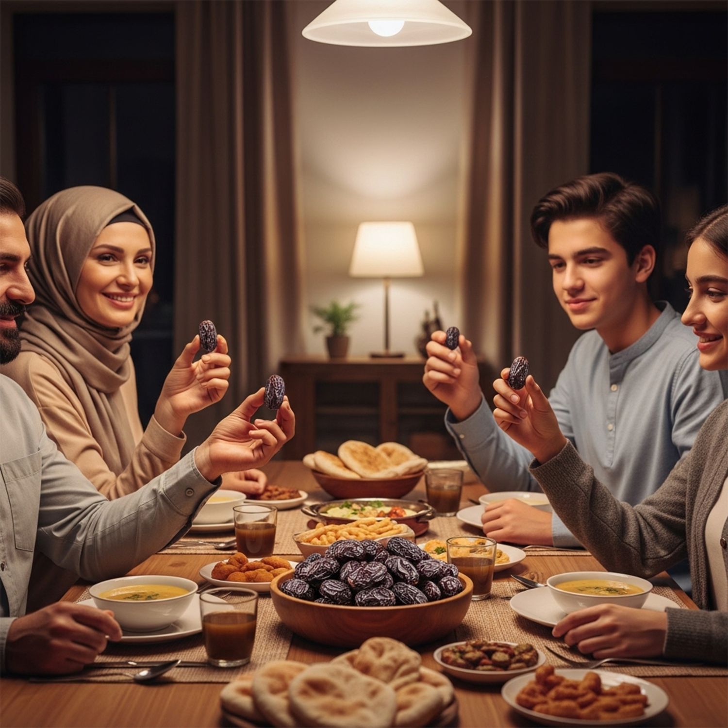Familie isst Datteln bei einem Abendessen.