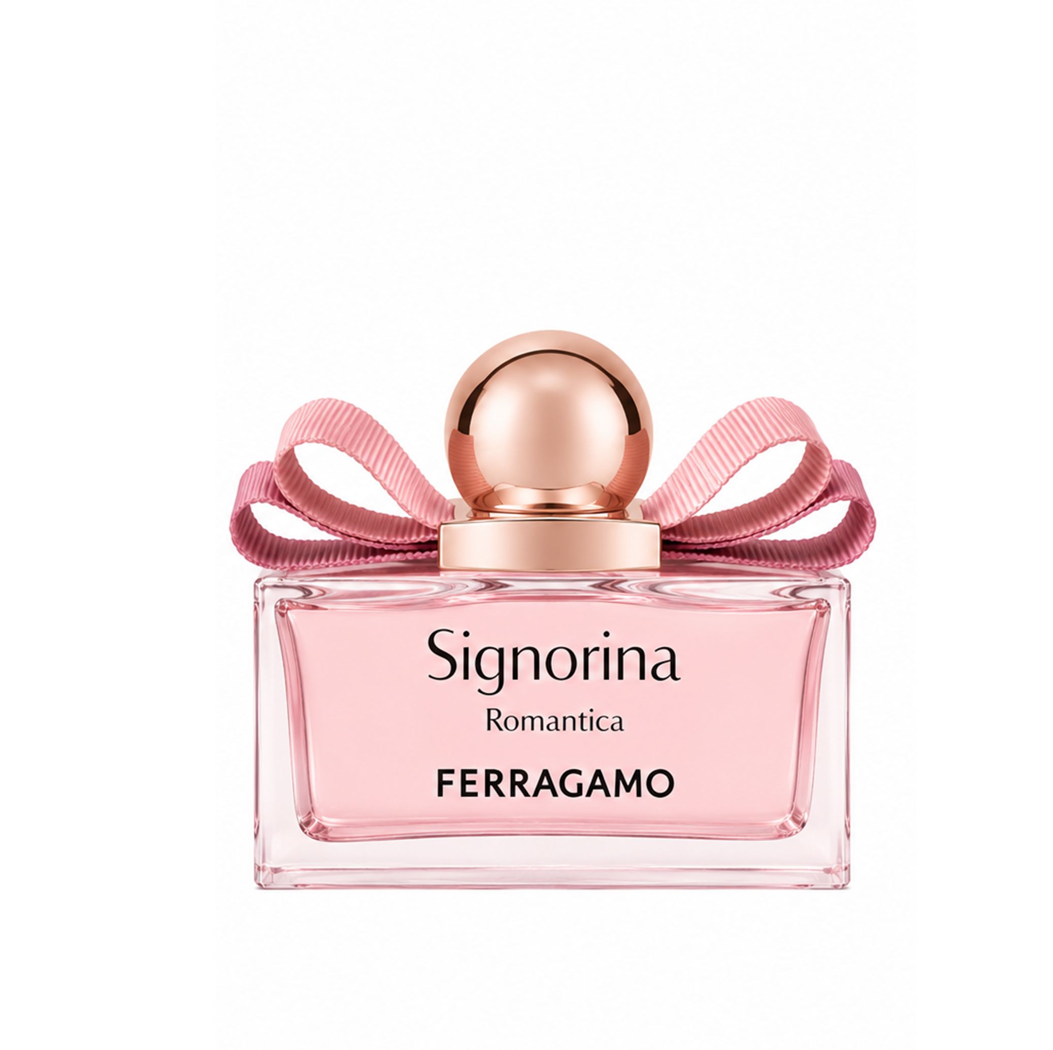 Salvatore Ferragamo Signorina Romantica EdP Flakon mit rosa Schleife und goldenem Verschluss.